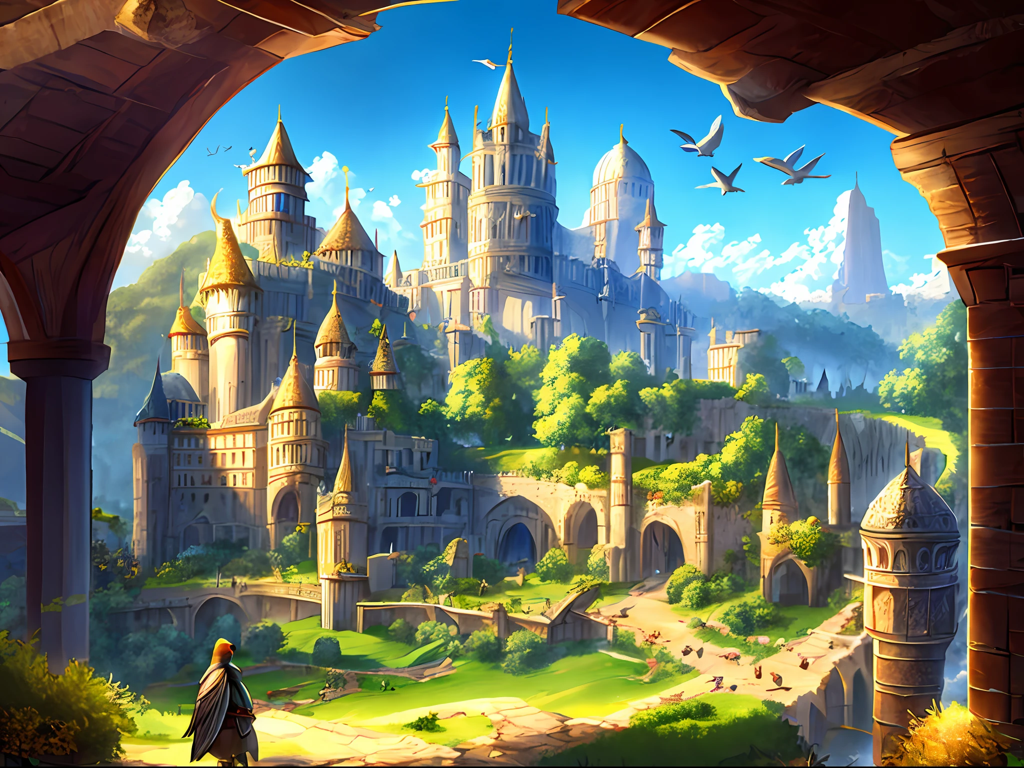 medieval kingdom. sunny morning. 8k resolution. ratio 3:2. very high drawing skills. bird's eye viewpoint. very stunning view. amazing light effects. thick medieval fantasy illustrations. very large area.