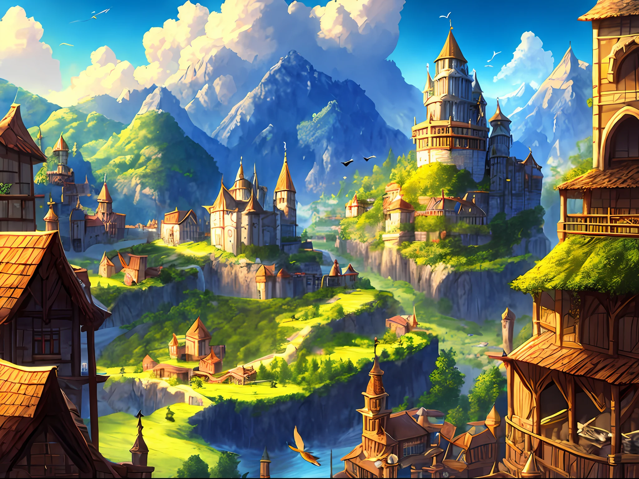 medieval kingdom. sunny morning. 8k resolution. ratio 3:2. very high drawing skills. bird's eye viewpoint. very stunning view. amazing light effects. thick medieval fantasy illustrations. very large area.