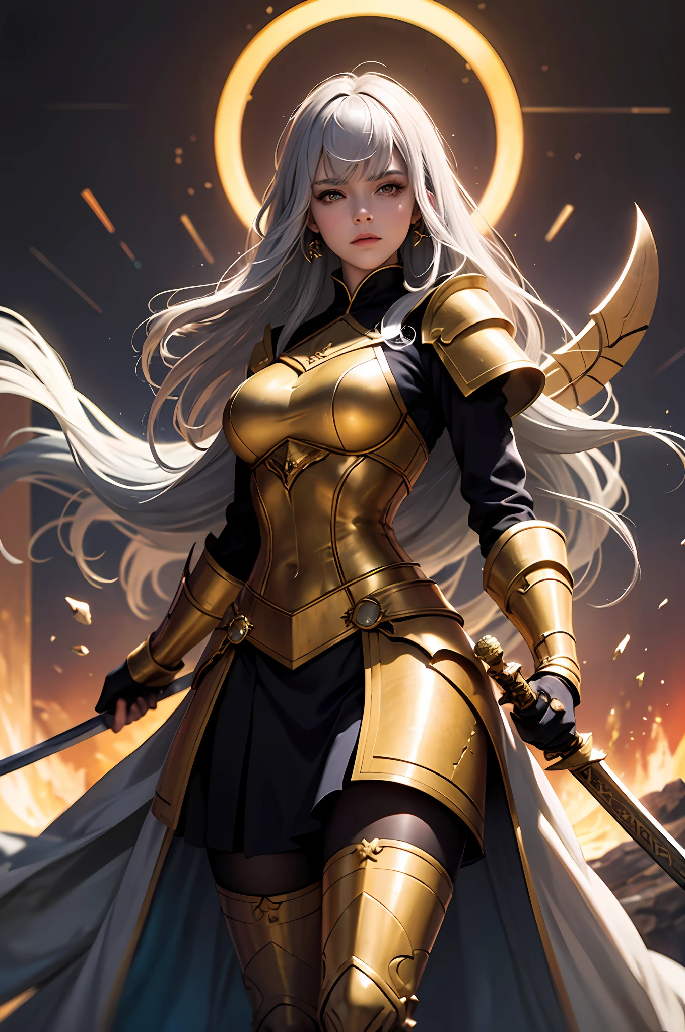 (Front Focus), (In the Dark: 1.6), A Woman Wearing a Gorgeous Golden Robe, (Holding a Gorgeous Sword in Hold: 1.6), Fantasy Art, Photo Realism, Dynamic Lighting, ArtStation, Poster, Volumetric Lighting, Very Detailed Faces, 4 K, Award, 1girl, In the Dark, Deep Shadow, Low Key, Cowboy Shot, (Official Uniform: 1.4), Long Hair, Gray Hair