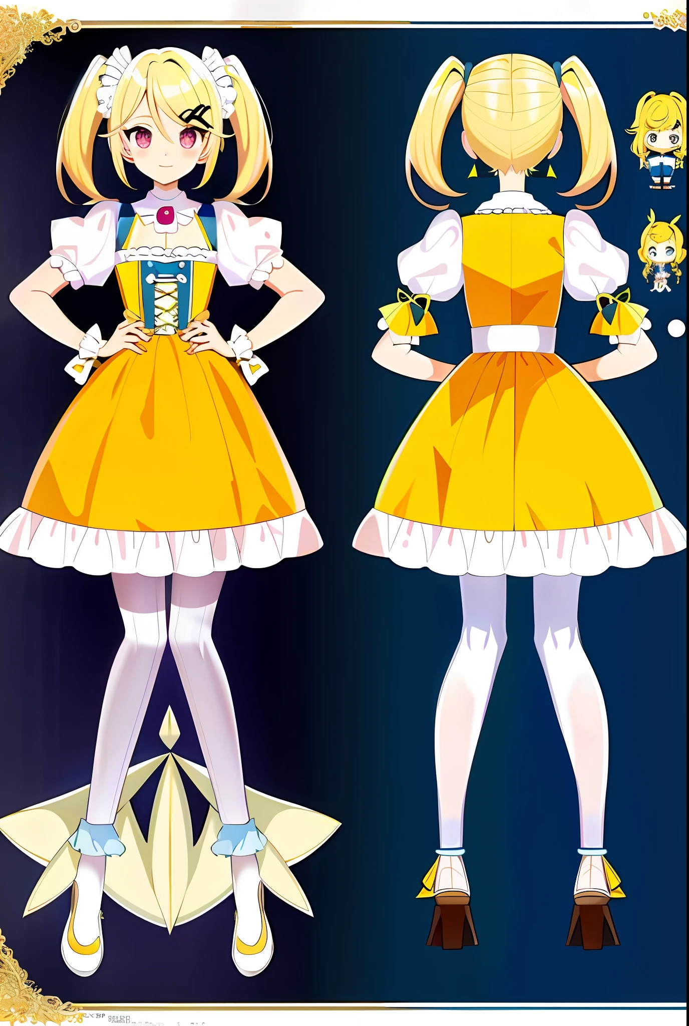 character reference sheet, concept art, cute boy, two pigtails, light yellow hair, lemons on the hair, hairpins, femboy, ladder, beautiful cute clothes