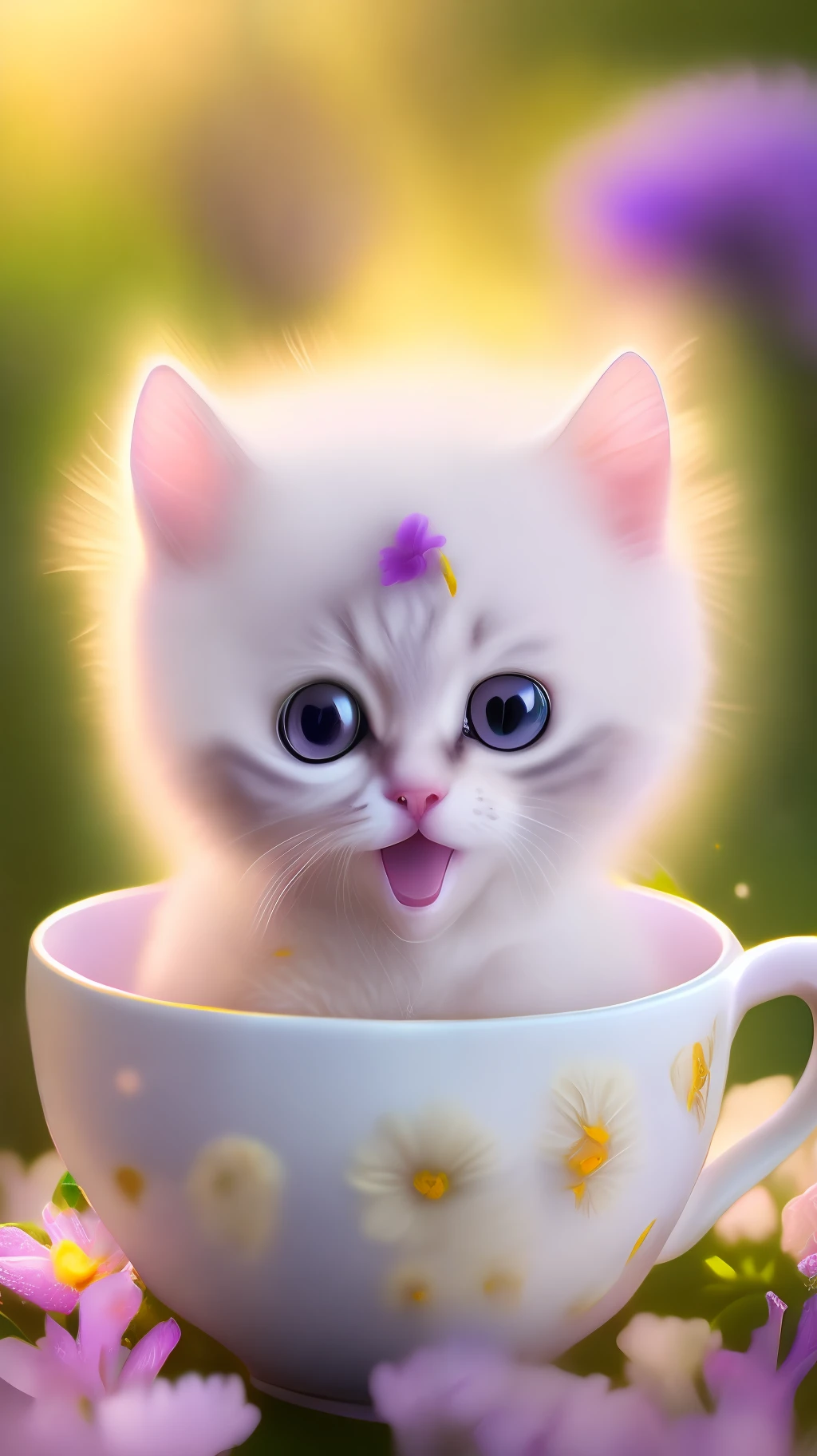 Very cute white tropicpunk kitten, big eyes, in cup, open mouth, laugh, excitement, flowers, professional light, depth of field 8k, purple gold magic moment, professional photography, octane rendering, super realistic - amazing sunlight, dynamic composition, photography, sharp focus, background bokeh