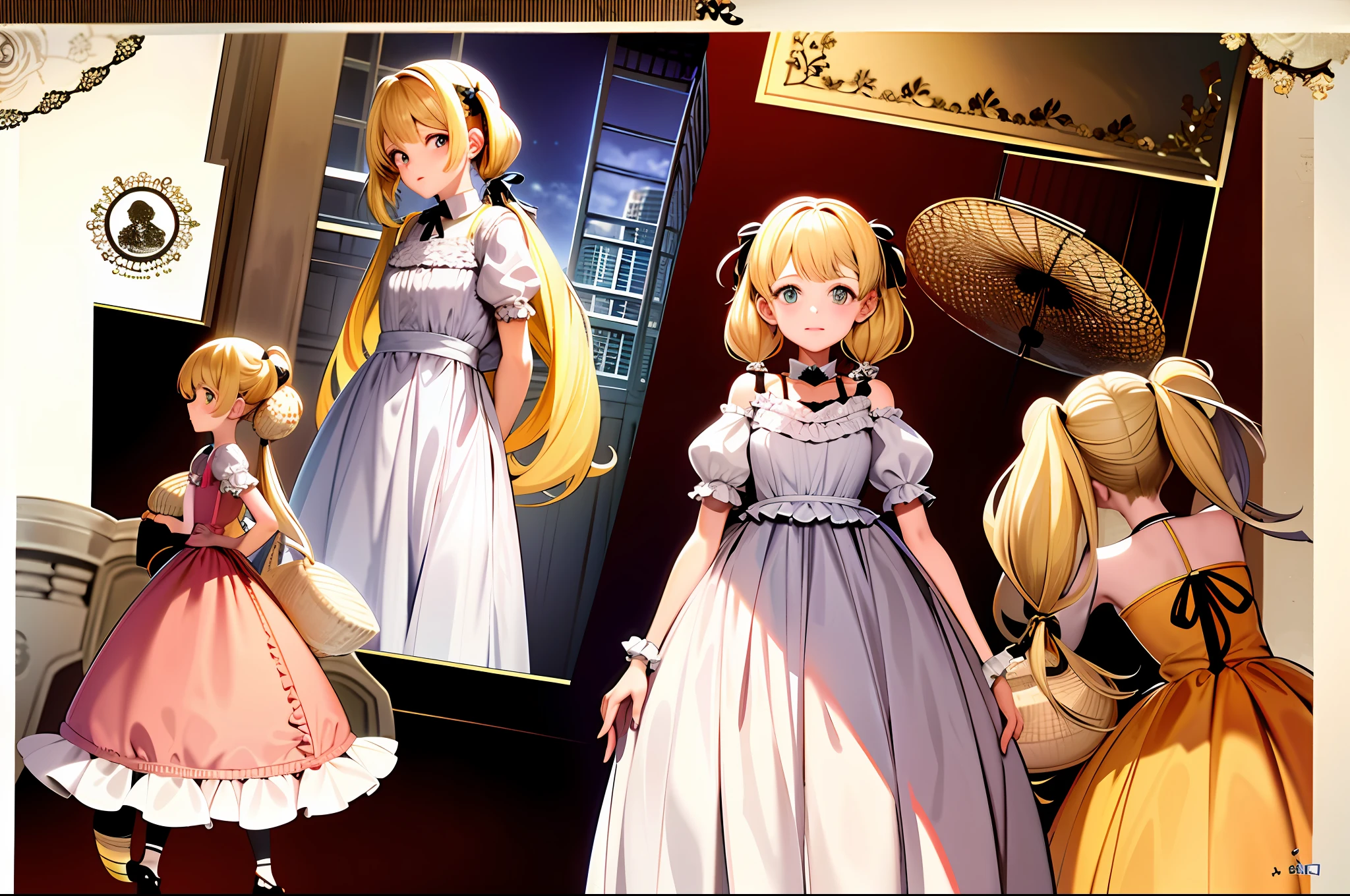 Character Reference Sheet, Concept Art, Cute Boy, Two Pigtails, Light Yellow Hair, Lemons on Hair, Hairpins, Femboy, Ladder, Beautiful Cute Clothes, Shorts, Ruffles, Magic