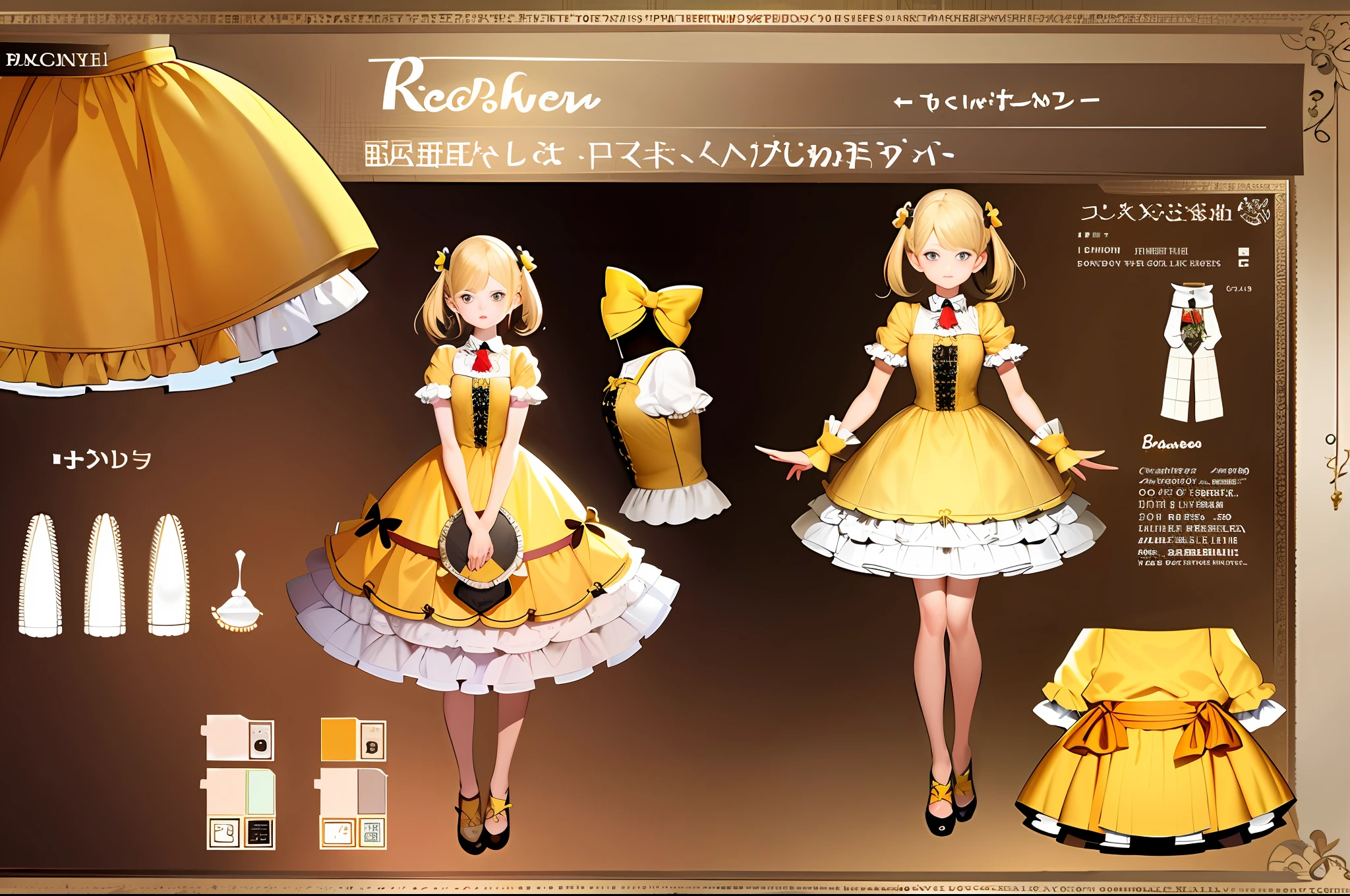 Character Reference Sheet, Concept Art, Cute Boy, Two Pigtails, Light Yellow Hair, Lemons on Hair, Hairpins, Femboy, Ladder, Beautiful Cute Clothes, Shorts, Ruffles, Magic
