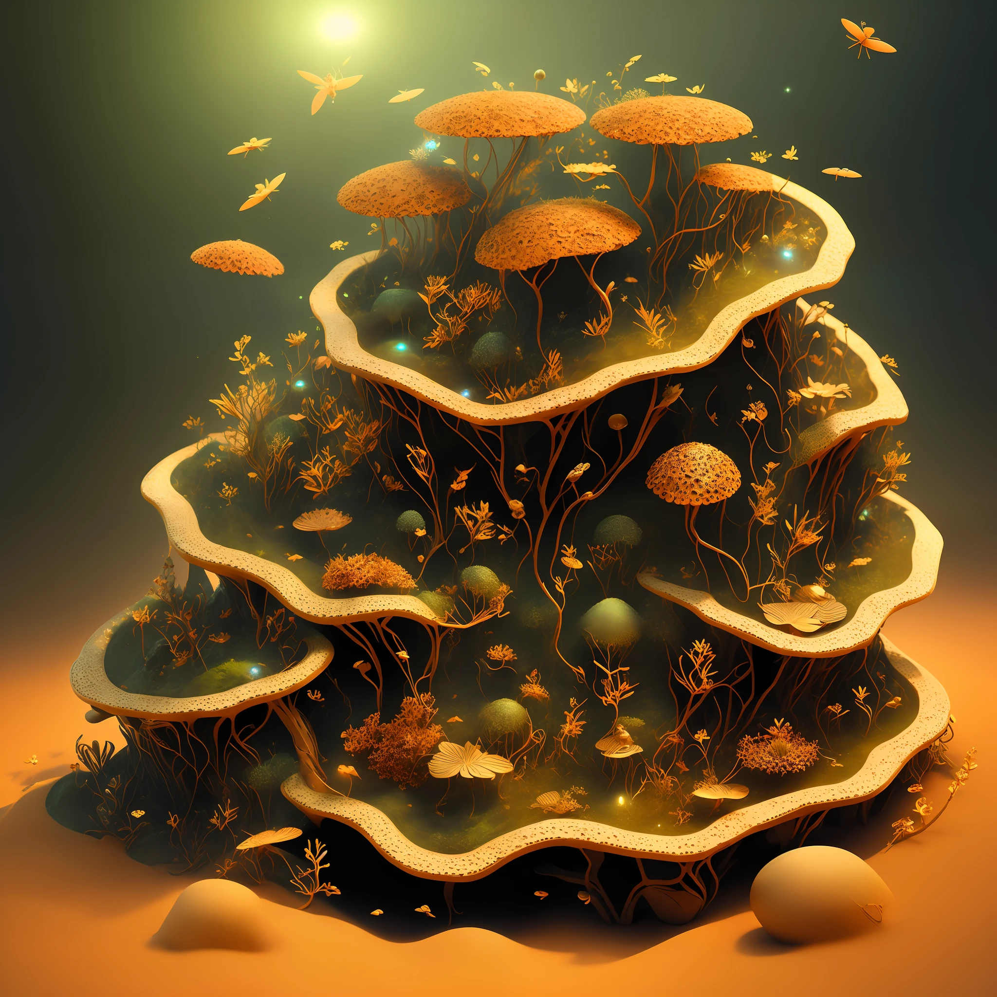 Futuristic anthill, ant habitat made of sand, ultra-real, absurd, high quality, ultra-fine, artwork, gold jewelry, particle effects, red festive, texture, octane rendering, ray tracing, chinoiserie architecture, sand, black background, atmosphere, gorgeous poster, brush strokes, Chinese painting, outdoor, glowing particles, forest, (firefly) zen chamber flower and wood depth, jewelry, particle effects, texture