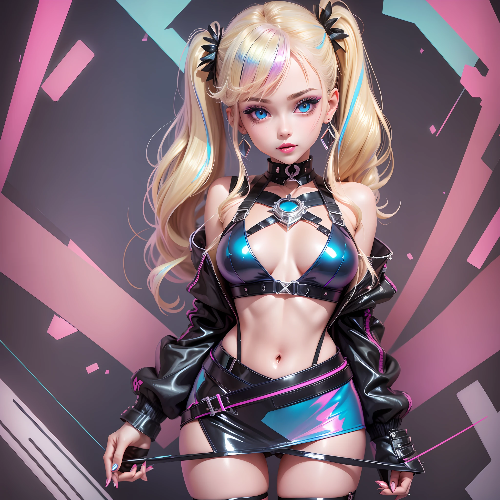 1girl, solo, (slutty bratty bimbo:1.1), fashion, shiny transparent jacket, latex crop-top, beautiful detailed blue_eyes, smile, twintails, blonde_hair, abstract geometric background, iridescent, chromatic aberration, medium shot,
[(colorful explosion psychedelic paint colors:1.2)::0.375],

magazine cover, cover art, illustration, studio shot, (anime:0.8),

shiny_skin,vax,3d,plastic,
choker, earrings, eyelashes, eyeshadow, lips, lipstick, jewelry, makeup, nose, parted_lips,standing, navel,

studio_ghibli_anime_style style, copeseethemald style