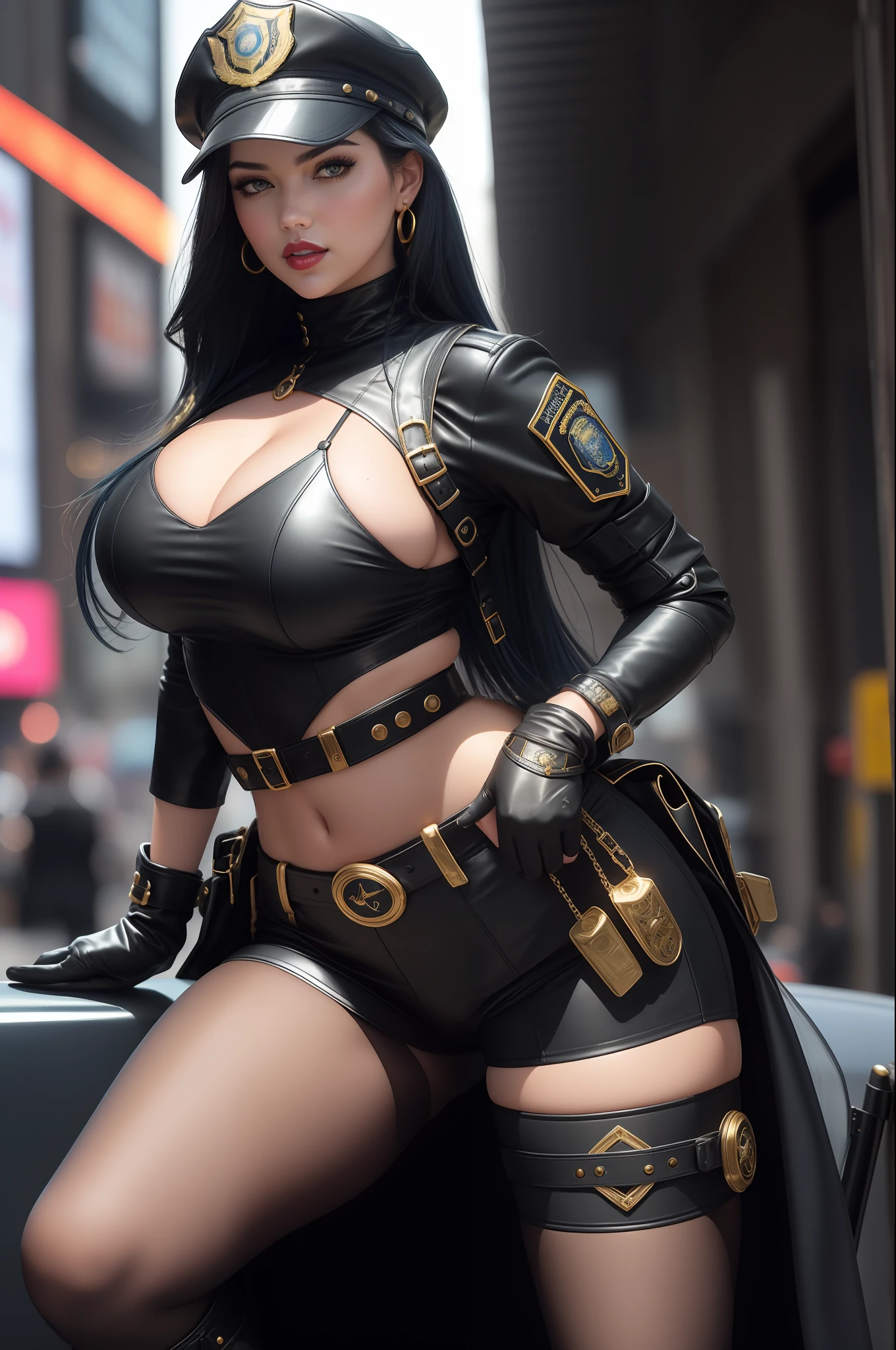 Kate Upton super sexy, with long black hair at hip height, dressed as an FBI cop, with cap, red lipstick, wearing sunglasses, sucking on a lollipop, with a sensual expression, in an open police uniform showing her breasts, topless, solo, erotic, obscene, sexy, big tits, sexy belly, ((sexy_pose)) smiling wearing (transparent saree) lying in bed at midnight,  full body (city, street, Times Square, long hair, photorealistic, 1girl, fighter, erotic pose, ), best quality, intricate details, looking at the viewer, ultra realistic 8k CG, perfect face, flawless, clean, masterpiece, professional artwork, famous art, cinematic lighting, cinematic flower, perfect face, beautiful face, beautiful eyes, ((perfect female body, narrow waist)), blurred background, boots, breasts, cowboy boots,  cowboy, headgear, headband, crowd, depth of field, fingerless gloves, gloves, lacy gloves, large breasts, leather, leather gloves, looking at the viewer, toned body, sunlight, jewelry, (dynamic angle:1.2), (dynamic pose:1.2) lace, fish net, lace trim, hair ornament, gold necklace, earrings, bracelet, armband, ((dark blue hair, blue short-sleeved police uniform,  Fitted design, gold trim, brass buttons, double chest, turtleneck, black and gold belt, black leather gloves, police badge, utility belt with pockets, handcuffs, ammunition, blue pants, knee-length black leather boots with gold details, robust and practical design))