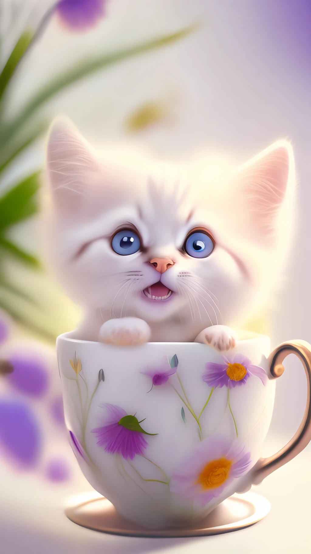 Very cute white tropicpunk kitten, big eyes, in cup, open mouth, laugh, excitement, flowers, professional light, depth of field 8k, purple gold magic moment, professional photography, octane rendering, super realistic - amazing sunlight, dynamic composition, photography, sharp focus, background bokeh