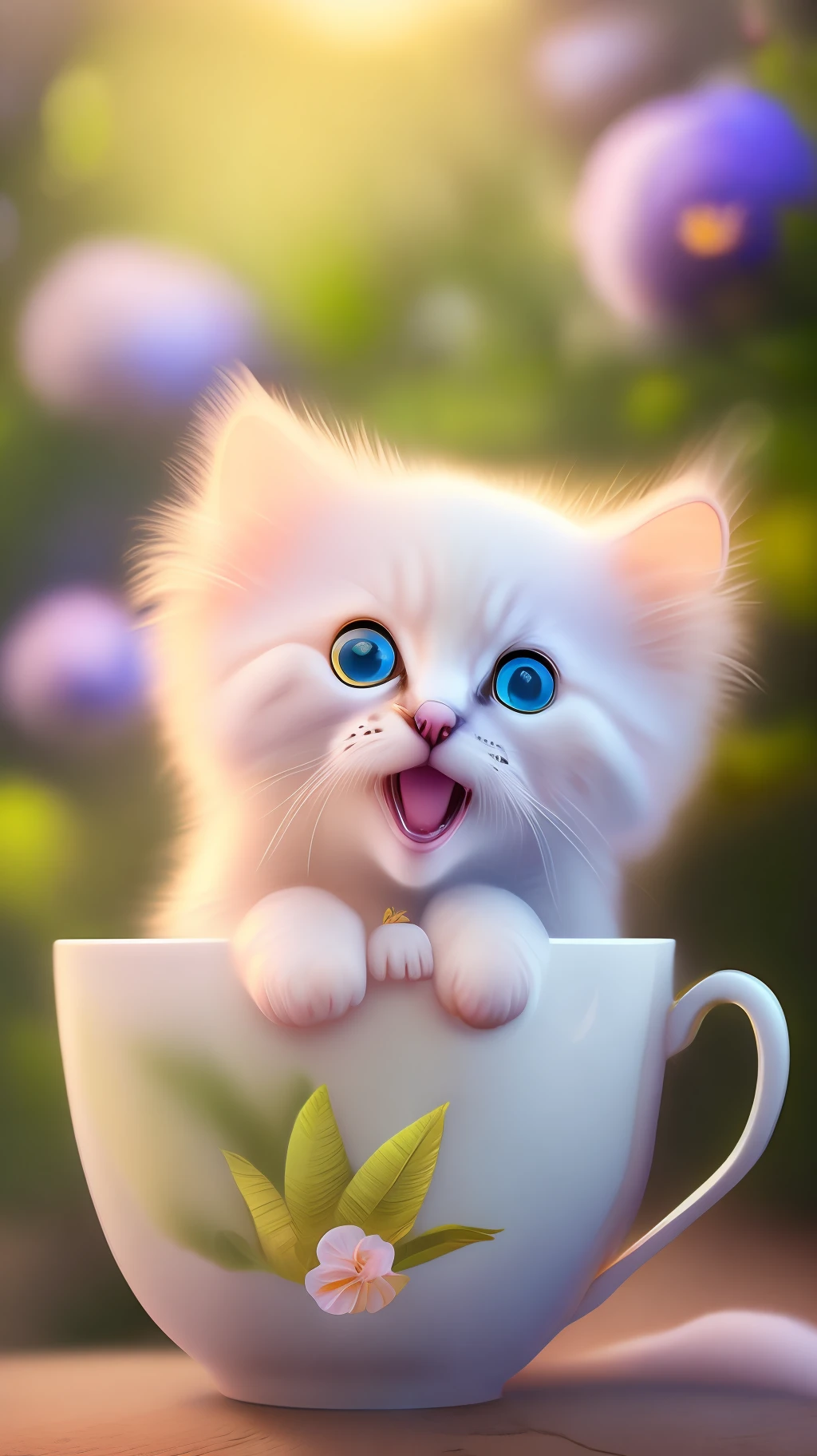 Very cute white tropicpunk kitten, big eyes, in cup, open mouth, laugh, excitement, flowers, professional light, depth of field 8k, purple gold magic moment, professional photography, octane rendering, super realistic - amazing sunlight, dynamic composition, photography, sharp focus, background bokeh