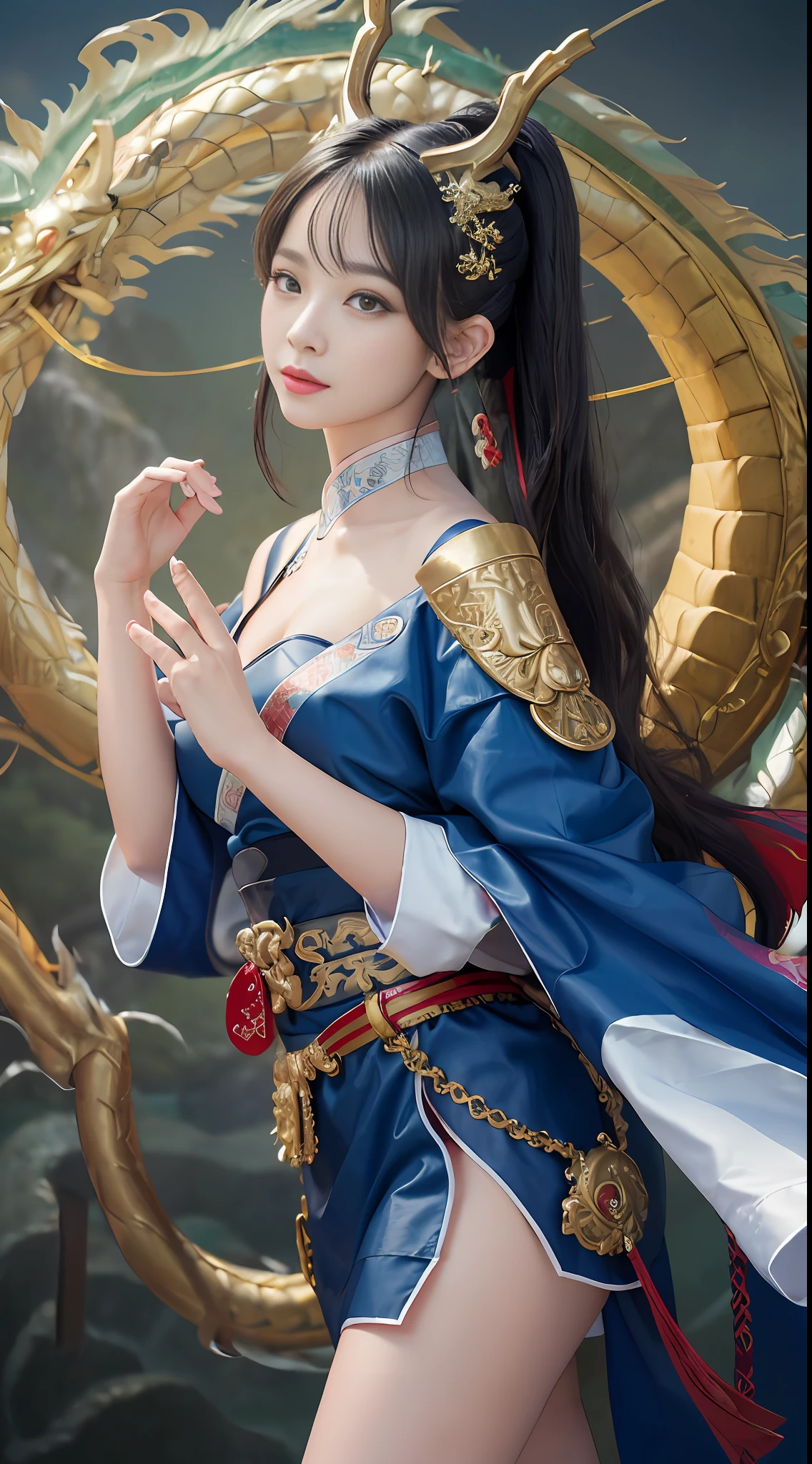 Zhong Fenghua, Hanfu, Official Art, Unity 8k Wallpaper, Ultra Detailed, Beautiful and Aesthetic, Masterpiece, Best Quality, (Zentangle, Tangle, Entangle), (fractal art: 1.4), (character center: 1.3), 1girl, dragon rape girl, dragon foot inserted into ass, shocking domineering Chinese dragon, dragon head, black hair, long hair ponytail, Chinese, off-the-shoulder, short skirt, navel, very detailed, dynamic angle, cowboyshot, (most beautiful form chaos), ethereal, (bright colors), oc, (half: 1.2), china, (thangka flying sky: 1.5), (ribbon: 1.3), (dream: 1.5), (Hanfu: 1.5), Chinese dragon, Chinese phoenix, (smile: 0.5 ), (Chinese deities), (masterpiece, top quality, best quality, ultimate detail, highest detail, official art, beauty and aesthetics: 1.2), golden ratio, complete composition