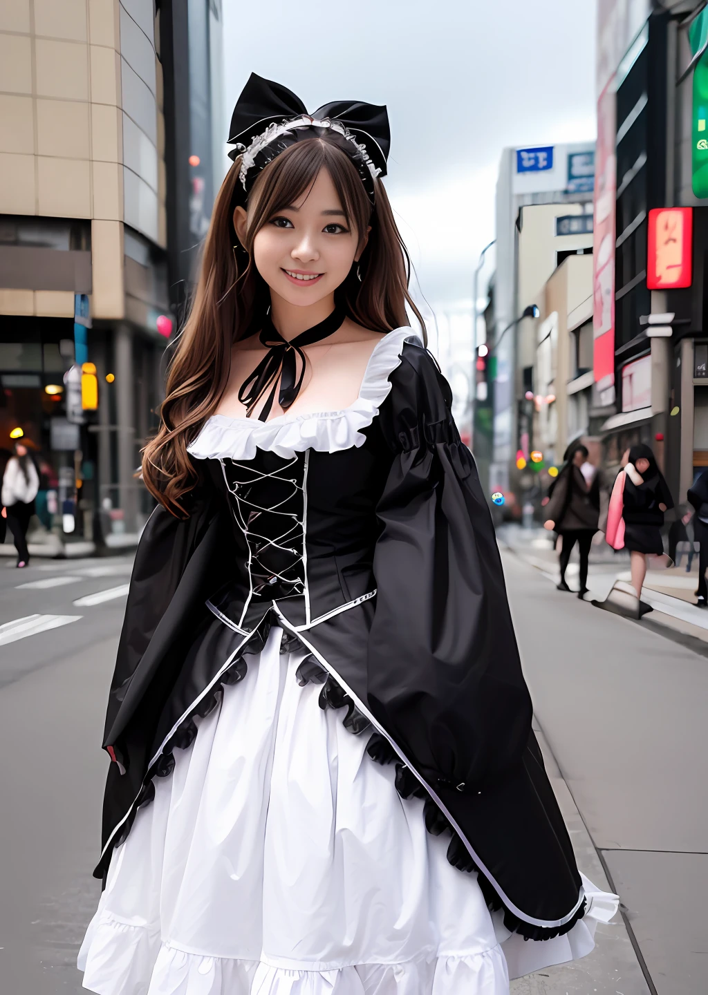 (8k), (best quality), (masterpiece:1.3), (realistic), (photorealistic:1.36), ultra-detailed,1 girl,smile,japanese cute girl,20 years old,  messy hair, beautiful, brown eyes, silver stormy eyes, detailed gorgeous face, black Gothic and Lolita cosplay , glimmer, walk in downtown Tokyo