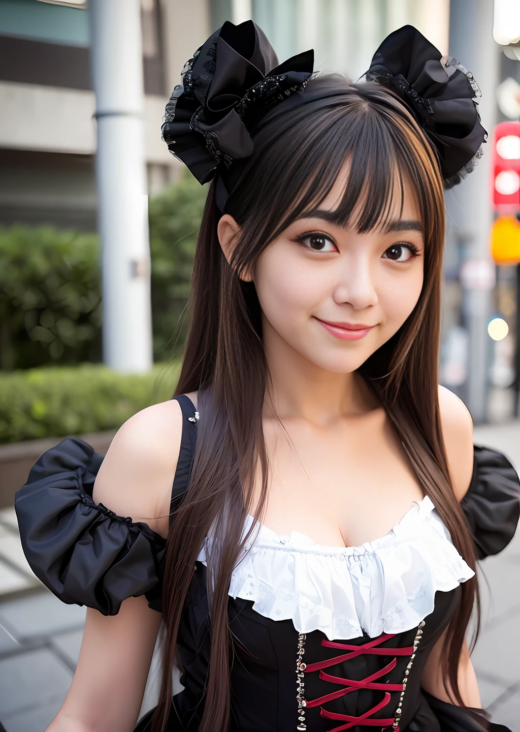 (8k), (best quality), (masterpiece:1.3), (realistic), (photorealistic:1.36), ultra-detailed,1 girl,smile,japanese cute girl,20 years old, messy hair, beautiful, brown eyes, silver stormy eyes, detailed gorgeous face, black Gothic and Lolita cosplay , glimmer, walk in downtown Tokyo