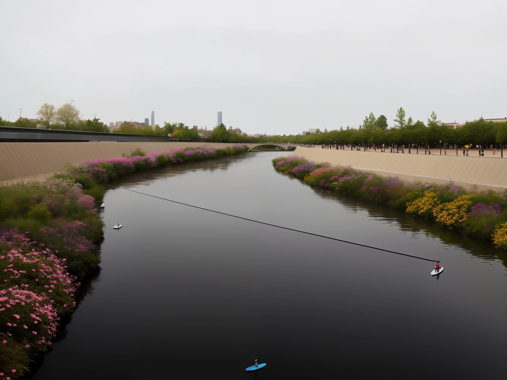 a rendering of a river running through a city with people walking on it, Add a riverbank of shrubs and colourful flowers to create a clean ambiance. Add 2m wide cycle track, make the sky realistic, add sun and some volume of clouds and birds, add artistic humans on the cycle track, make decks floating on the river having artistics human on it, add some amount of foam and water waves in the water with reflection, make the sky morning realistic by having sun and clouds, render the flower in realistic form hyper-realistic, hyper - realistic, urban surroundings, nature returning to the city, vortex river, by Mathias Kollros, realism”, artistic impression, artist's impression, hyperrealistic ”, hyperrealistic”, real-life brook, artist impression, daniel richter, visually appealling. Do photo monatge