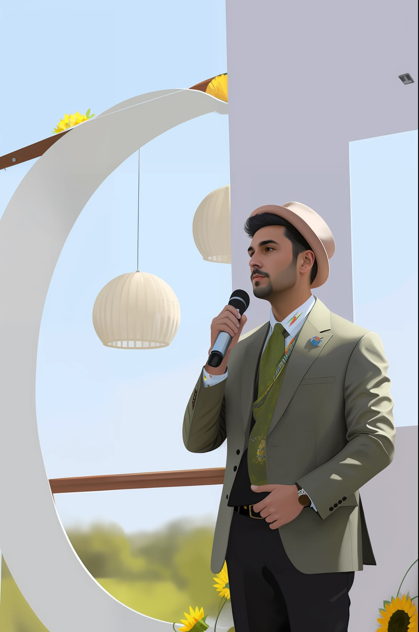 A painting of a cat in a hat and scarf, trends in art stations, wearing punk costumes, ultra-realistic detailed rendering, high-class huge lecture stage, fashionable clothes, presenter, western Slavic specialties, 8 1 5