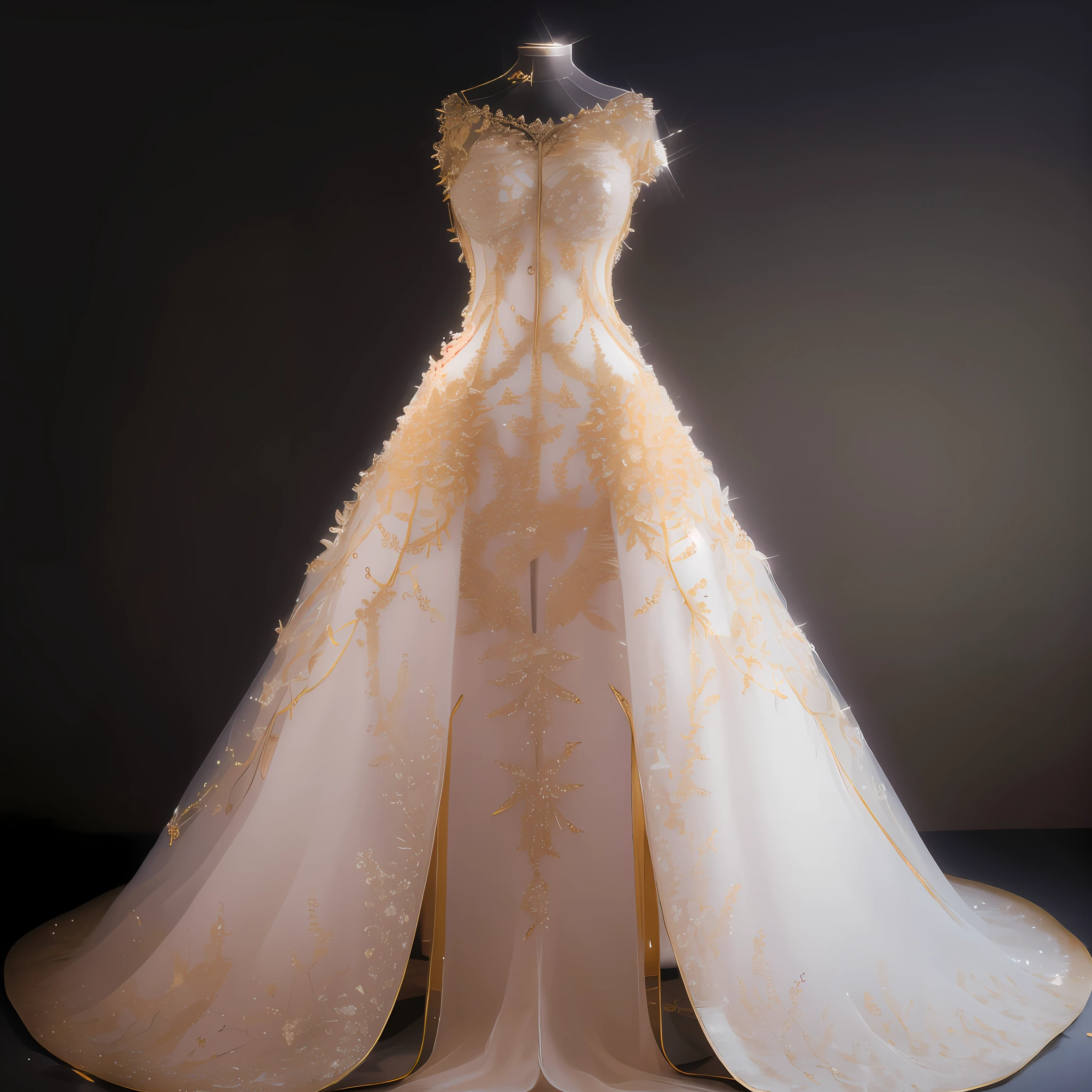 a close up of a wedding dress on a mannequin stand, intricate gown, an intricate dress, royal gown, intricate fantasy dress, dressed beautiful gown, fantasy dress, ornate gown, wedding dress, gown, intricate dress, royal dress, extravagant dress, magical dress, ornate royal gown, white and gold dress, luxury dress, long luxurious intricate gown