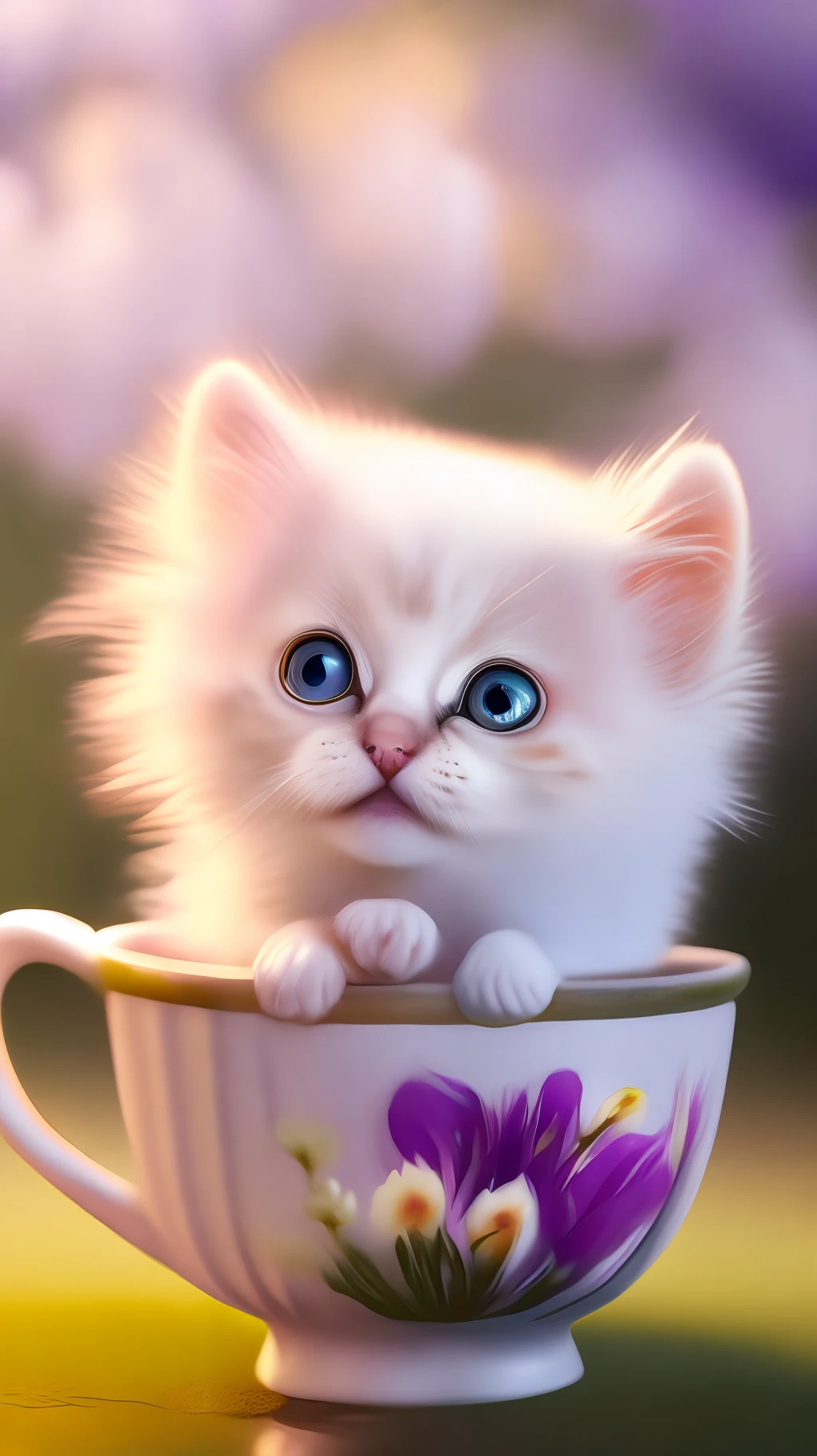 Very cute white tropicpunk kitten, big eyes, in cup, open mouth, laugh, excitement, flowers, professional light, depth of field 8k, purple gold magic moment, professional photography, octane rendering, super realistic - amazing sunlight, dynamic composition, photography, sharp focus, background bokeh