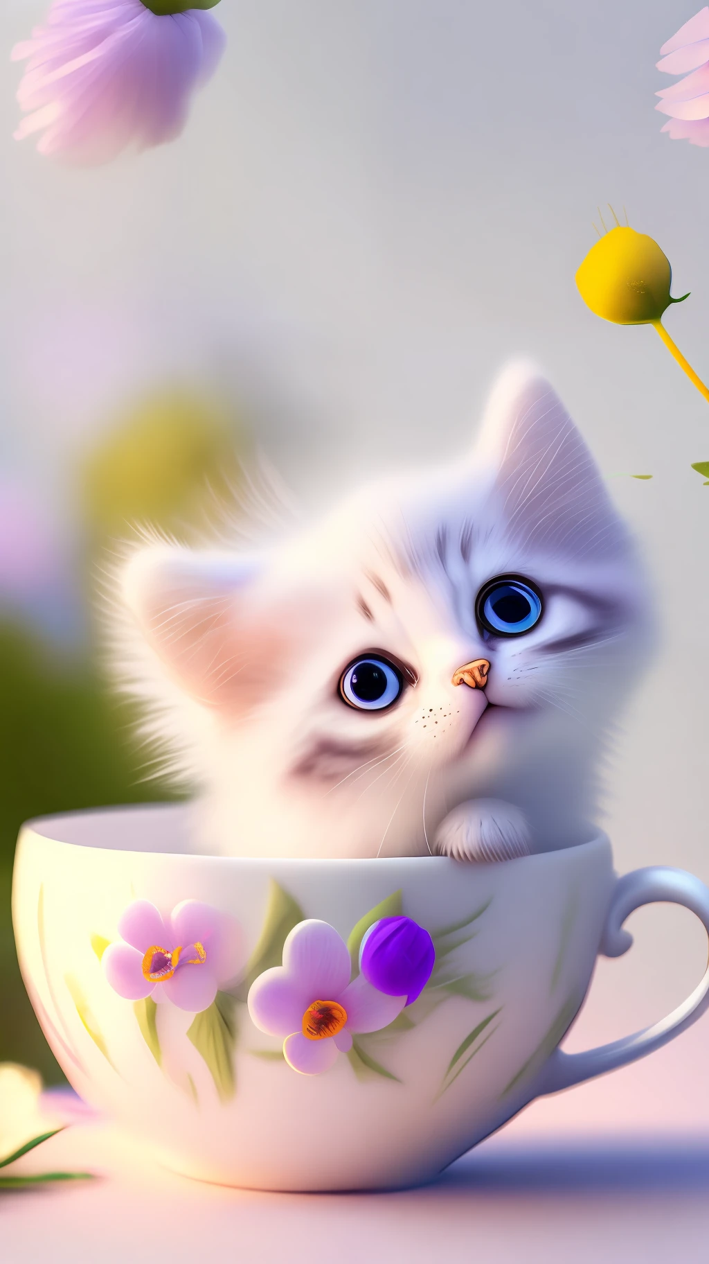 Very cute white tropicpunk kitten, big eyes, in cup, open mouth, laugh, excitement, flowers, professional light, depth of field 8k, purple gold magic moment, professional photography, octane rendering, super realistic - amazing sunlight, dynamic composition, photography, sharp focus, background bokeh