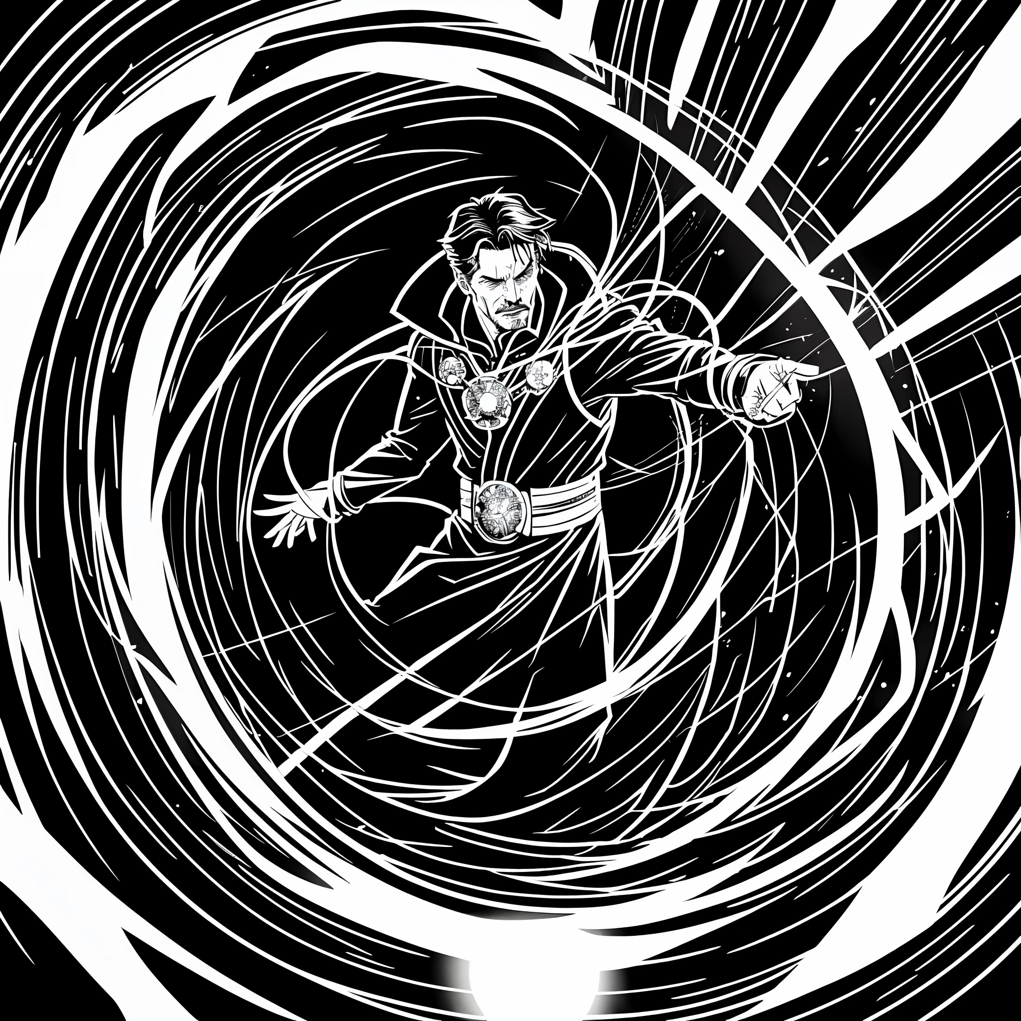 (comic style), (line art:1.5),  ((black and white)), doctor strange passing through the portal