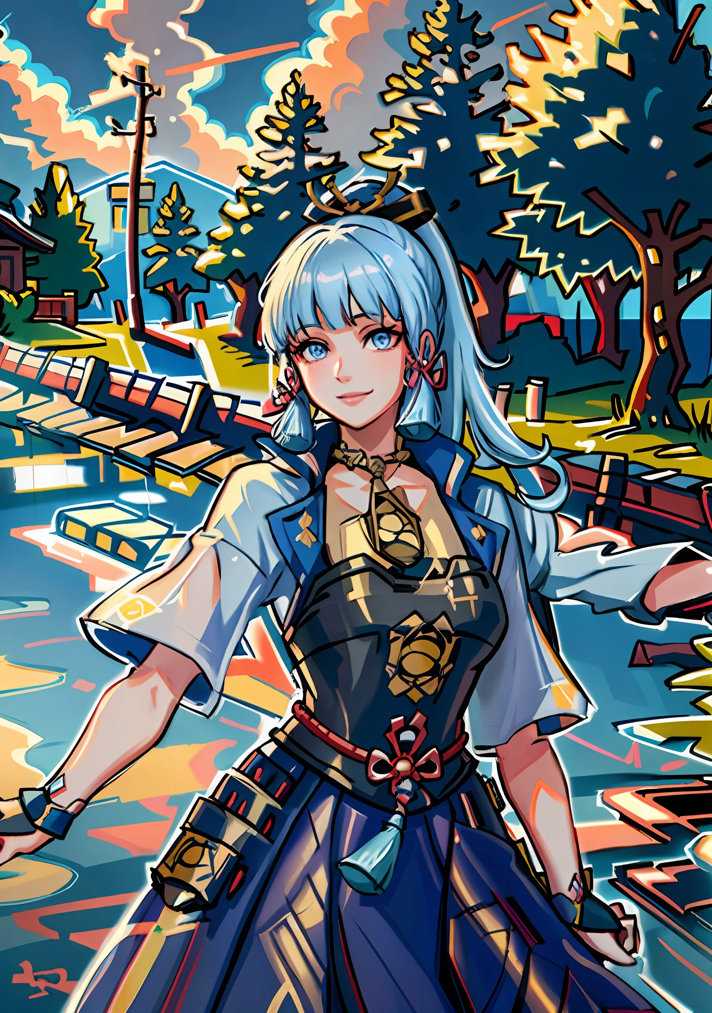 (masterpiece), (best quality), (ultra detailed),(disheveled hair),(illustration), (1girl), standing, smiling, beautiful detailed eyes, light blue eyes, detailed beautiful face, (kamisato ayaka: 1.2), focus on face, ponytail, kamisato ayaka(genshin impact), light blue hair, detailed hair, bangs, best lighting, best shadow, highly detailed, vibrant