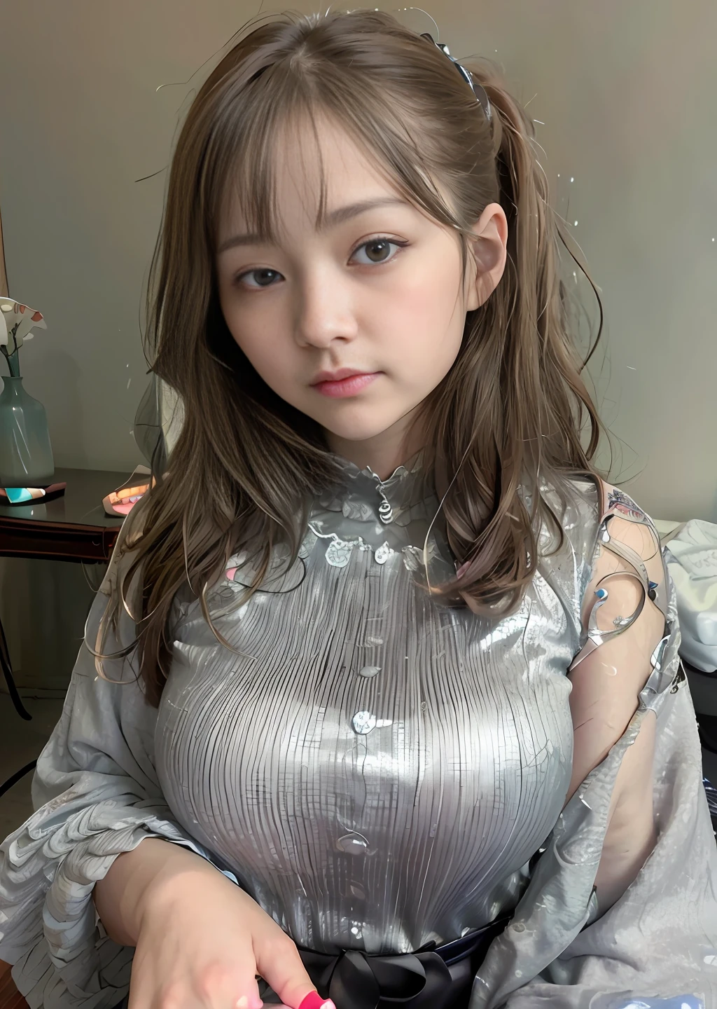 (8k), (best quality), (masterpiece:1.3), (realistic), (photorealistic:1.36), ultra-detailed,1 girl,smile,japanese cute girl,20 years old, messy hair, beautiful, brown eyes, silver stormy eyes, detailed gorgeous face, Gothic and Lolita, glimmer, walk in downtown Tokyo