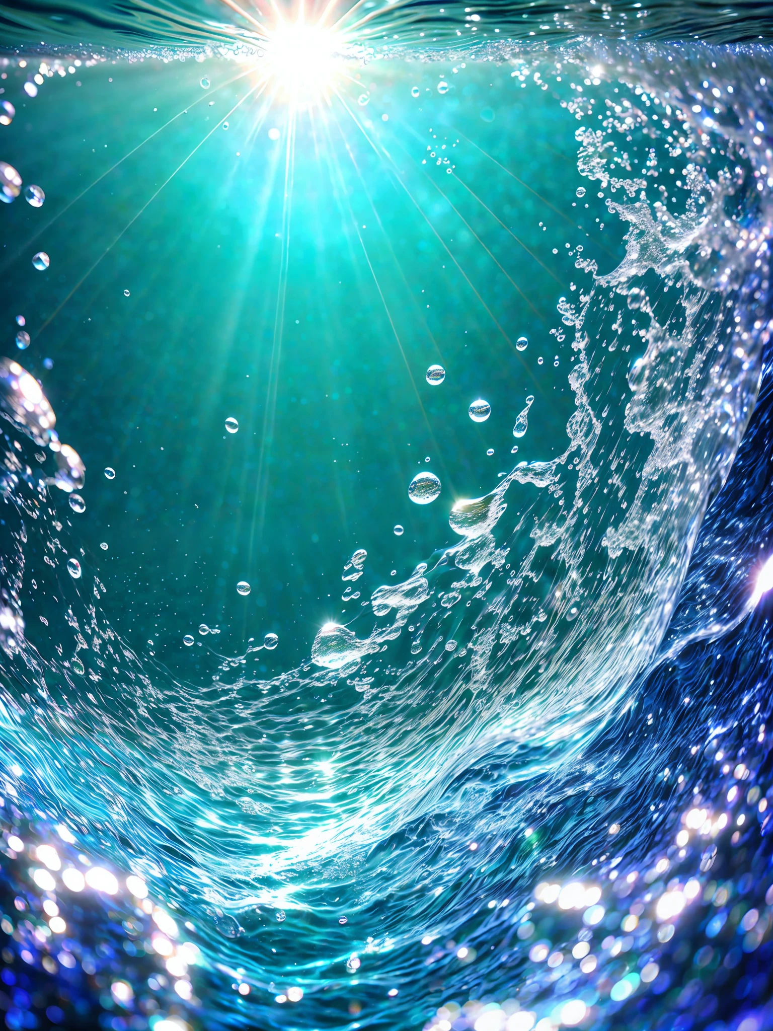 a close up of a wave with bubbles coming out of it, wave of water particles, underwater bubbles background, water particle in front, bubbly underwater scenery, volumetric light water, ultra detailed water, water particles, sun rays penetrating water, water particules, water background, sun rays shine through the water, volumetric water, water torrent background