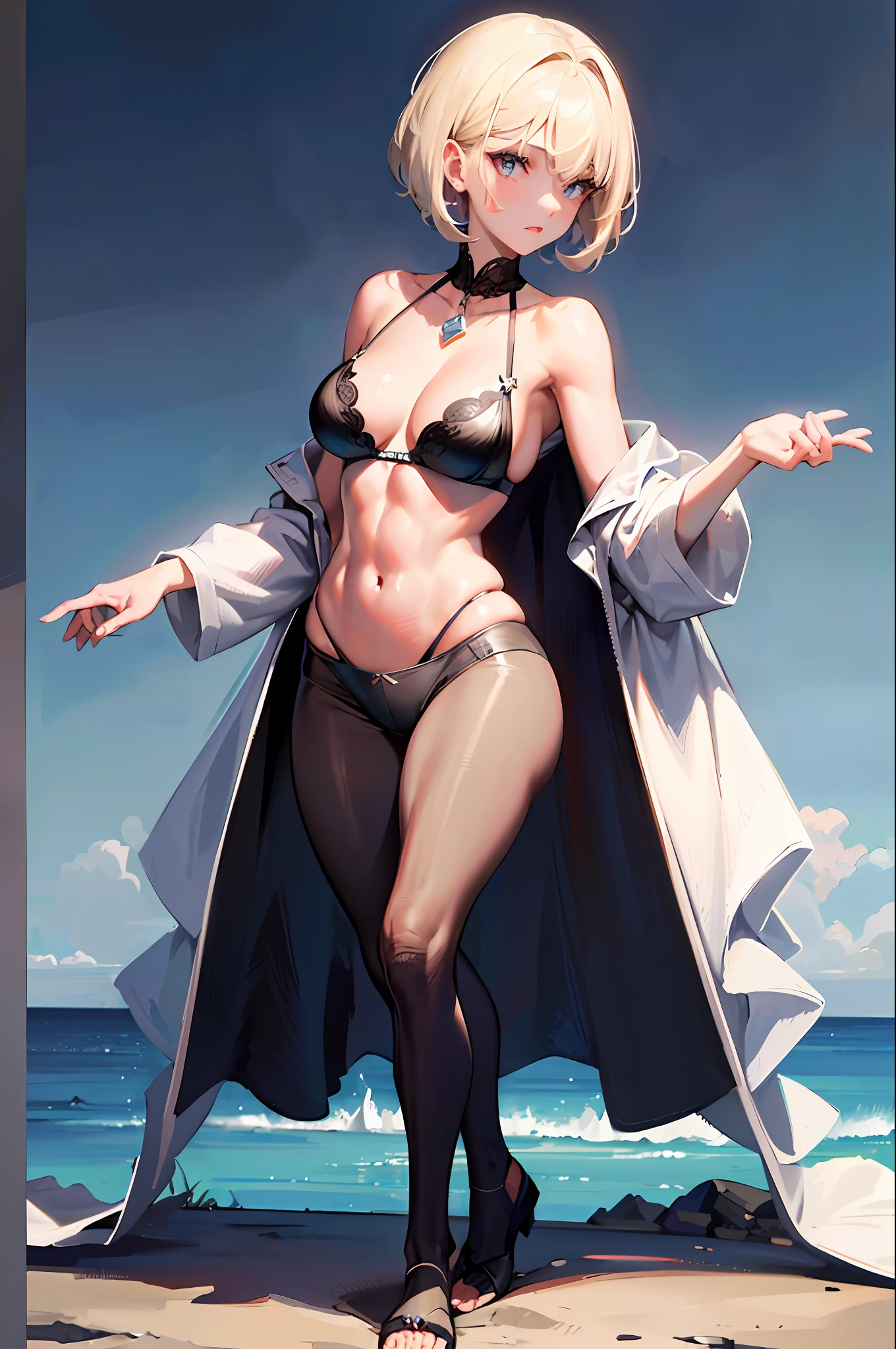 ((Top Quality, 8k, Masterpiece: 1.3)), 1 girl, Beautiful woman with slender abs: 1.3, (Highlight Haircut, Breast A-Cup: 1.2), Black See-through: 1.1, Ultra Detailed Face, Detailed Eyes, Double Eyelids, Full Body