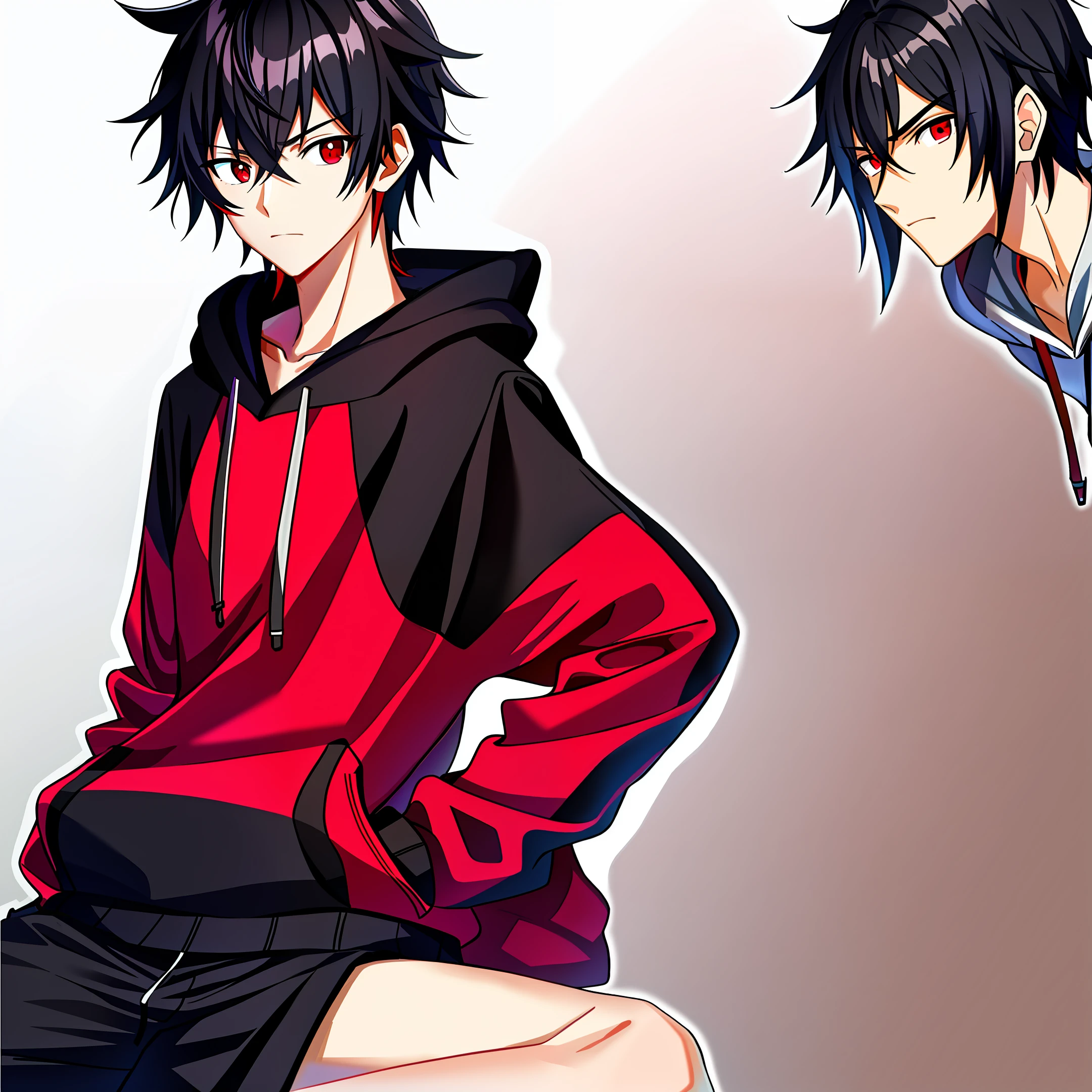High school student, male, black hair, long neckline, red eyes, single troubled face
Red one-color hoodie