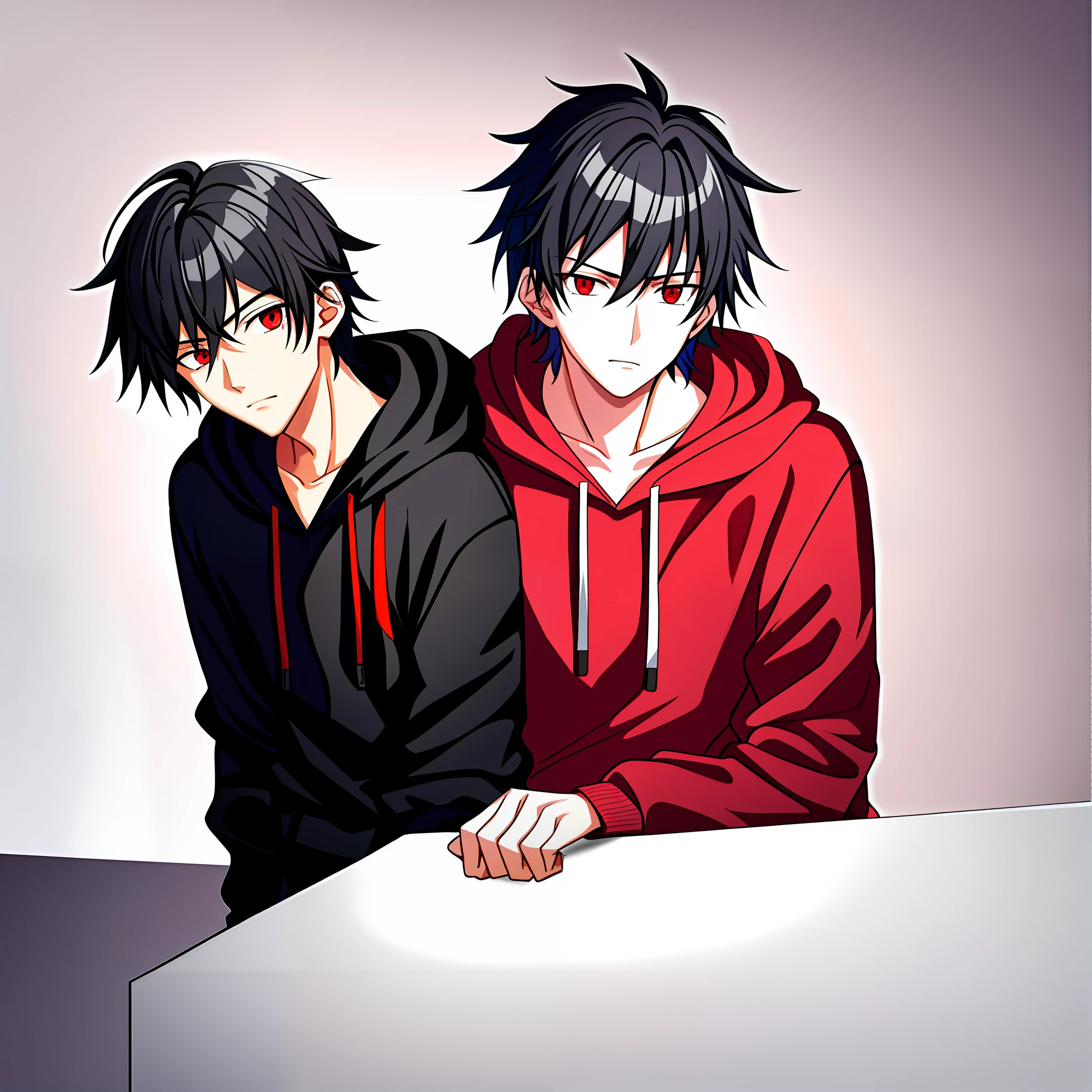 High school student, male, black hair, long neckline, red eyes, single troubled face  
Red one-color hoodie