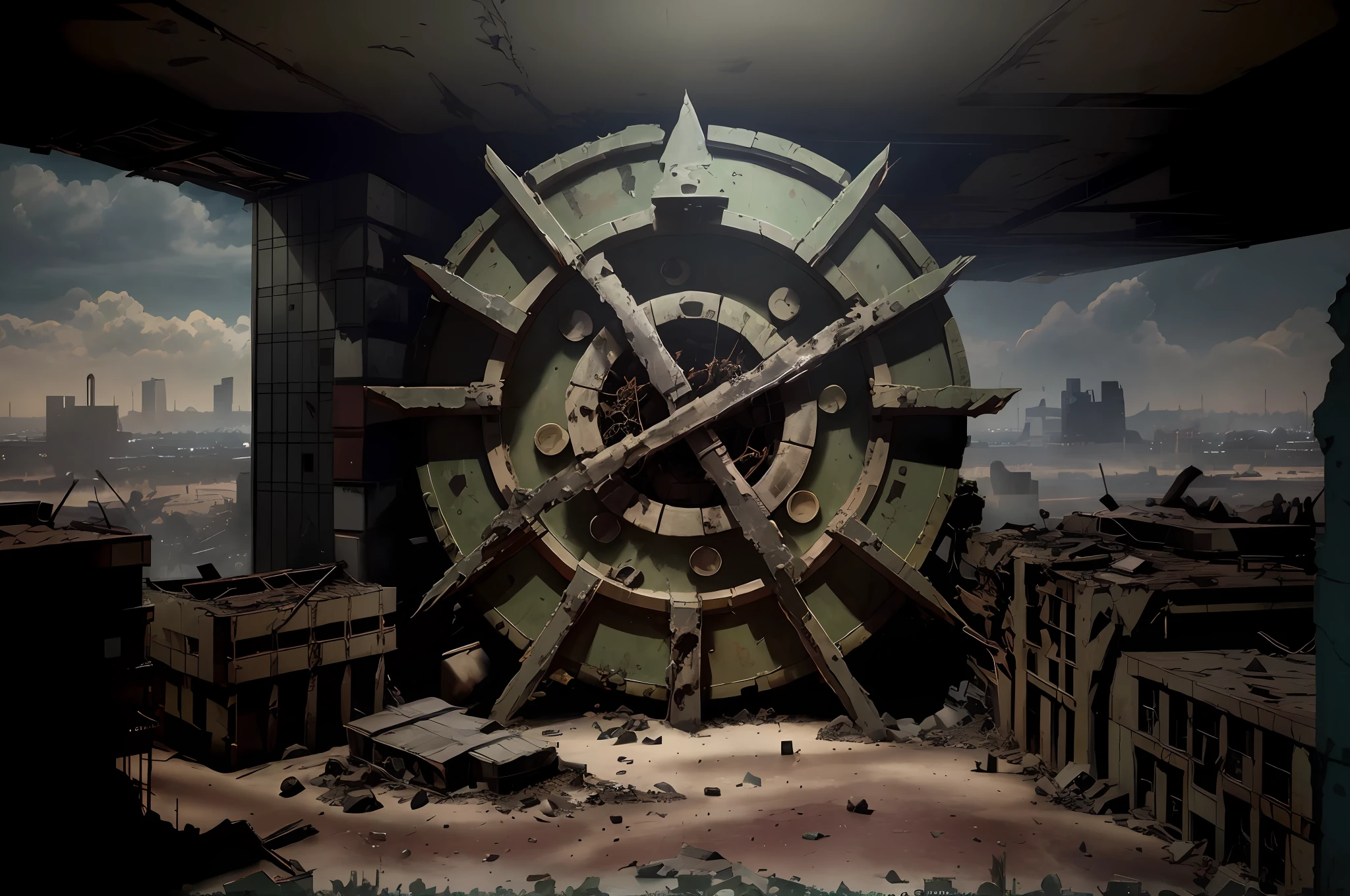 night, inside of destroyed city view, ruins, dark cloud, a lots of broken cars, no humans, raining day, ((apocalyptic)), (masterpiece:1.3), (best_quality:1.3), (ultra_detailed:1.3), 8k, extremely_clear, realism, (ultrarealistic:1.3),