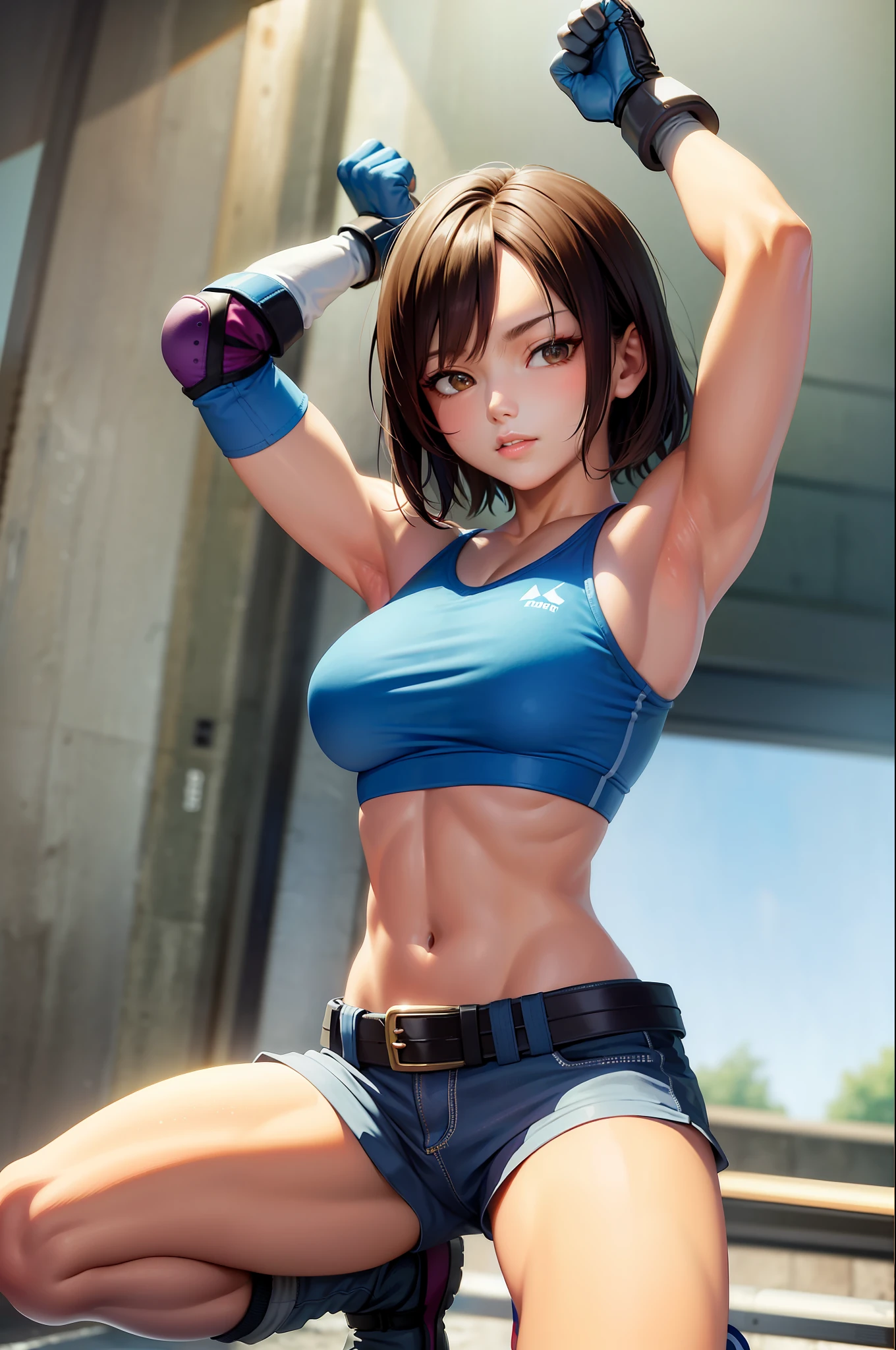 (masterpiece, best quality: 1.2), cowboy shot, solo, 1girl, kazama asuka, muscular female, looking at the spectator, tense clothes, sports bra, crop top, shorts, (gloves: 1.1), belt, elbow pads, midriff, squatting with arms up, armpit