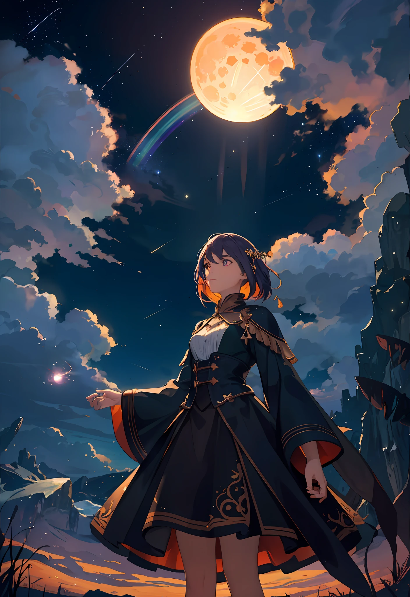 Vast landscape photo, (viewed from below, the sky is above and the open field is below), a girl standing on a flower field looking up, (full moon: 1.2), (meteor: 0.9), (nebula: 1.3), distant mountains , Trees BREAK Crafting Art, (Warm Light: 1.2), (Fireflies: 1.2), Lights, Lots of Purple and Orange, Intricate Details, Volumetric Lighting, Realism BREAK (Masterpiece: 1.2), (Best Quality), 4k, Ultra-Detailed, (Dynamic Composition: 1.4), Very Detailed, Colorful Details, (Rainbow Colors: 1.2), (Glow Lighting, Atmospheric Lighting), Dreamy, Magical, (Solo: 1.2)