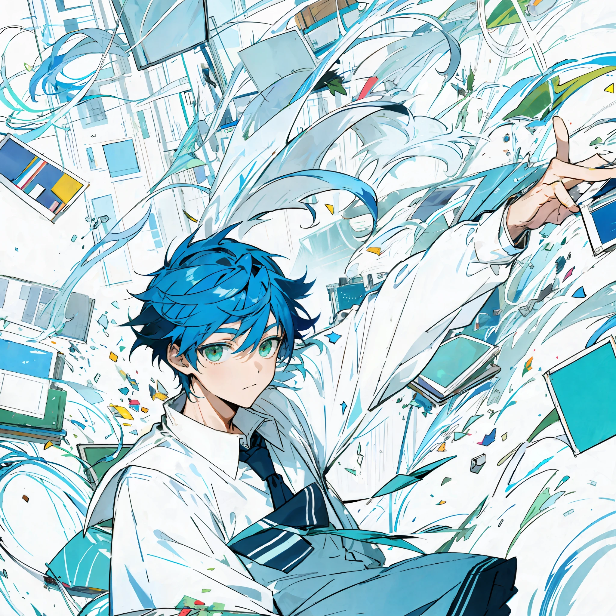 Boy, Blue hair, green eyes, school uniform, high school student