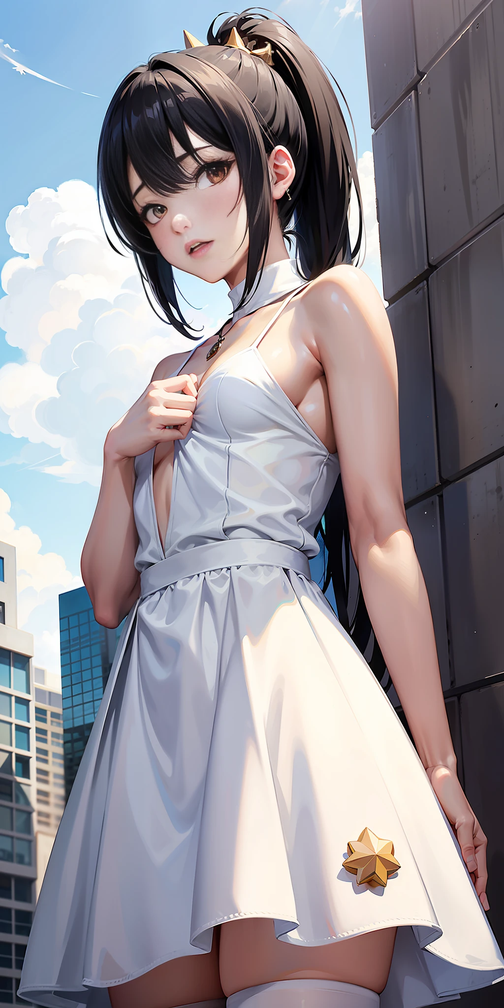 Hiroko in horn star track, black hair, green and white dress, red eyes, high ponytail, red eyes, white stockings,
jewelry, hands on chest, see-through, looking at the audience, hair accessories, necklaces, tattoos, shyness,
(Masterpiece, Top quality, Best quality, Official art, beauty and aesthetics: 1.2), (1 girl), extreme detail, colorful, highest detail,
(Small chest: 1.2,) upper body, from below, Carmelto, white panties, skirt lift,
city, street, sun, cloud, wall, tilt,