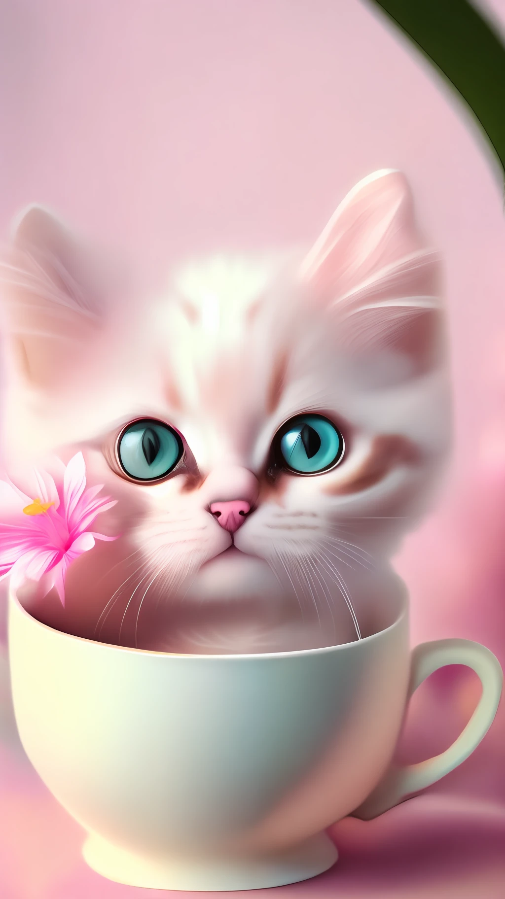 Very cute white tropicalpunk kitten, big eyes, in cup, open mouth, laugh, excitement, flowers, professional light, depth of field 8k, pink gold magic moment, professional photography, octane rendering, super realistic - amazing sunlight, dynamic composition, photography, sharp focus, bokeh