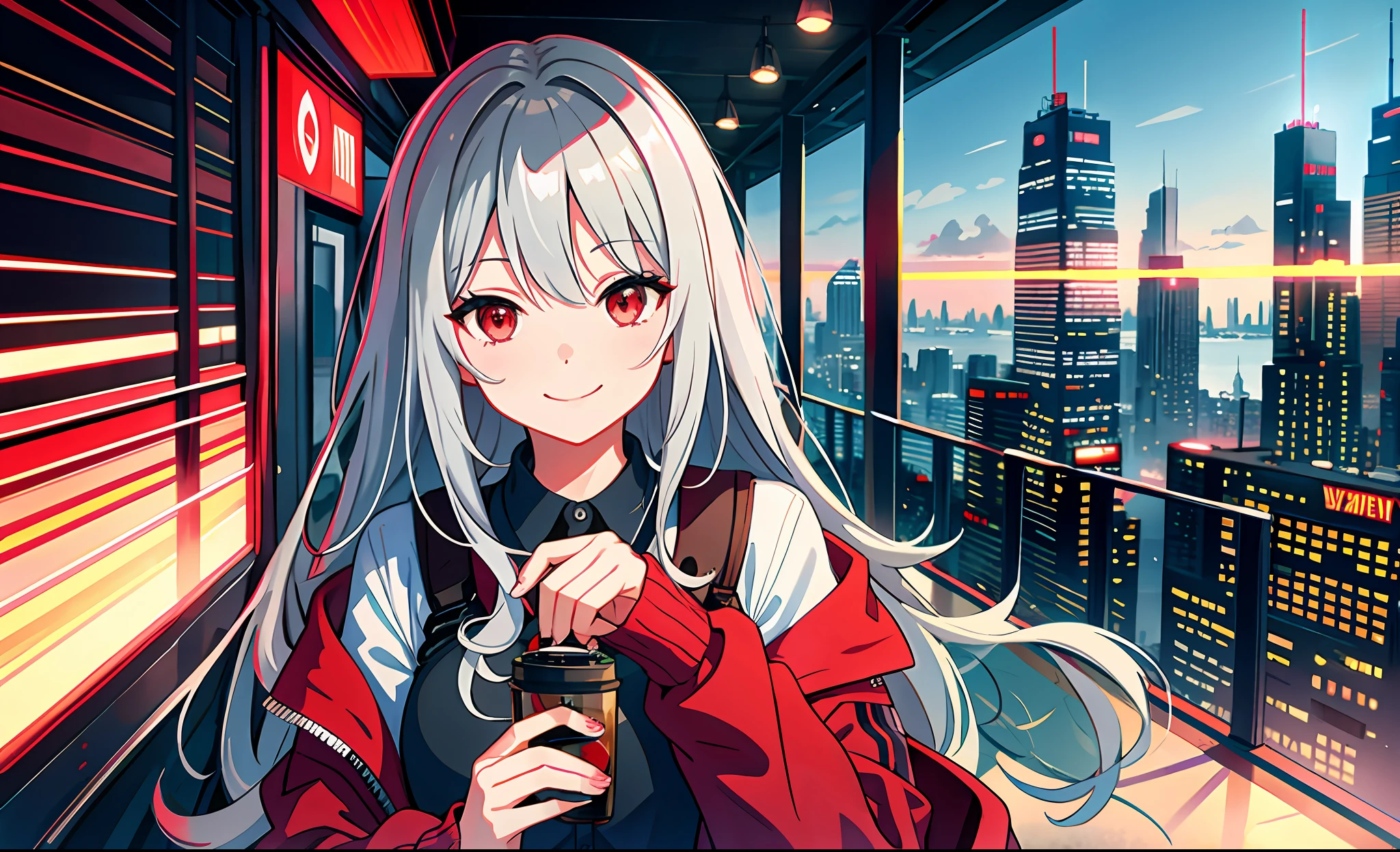 futuristic city, gray hair, red eyes, pretty cardigan, smile, beautiful, summer, peace, masterpiece, one, girl, eyes_focus, high quality,