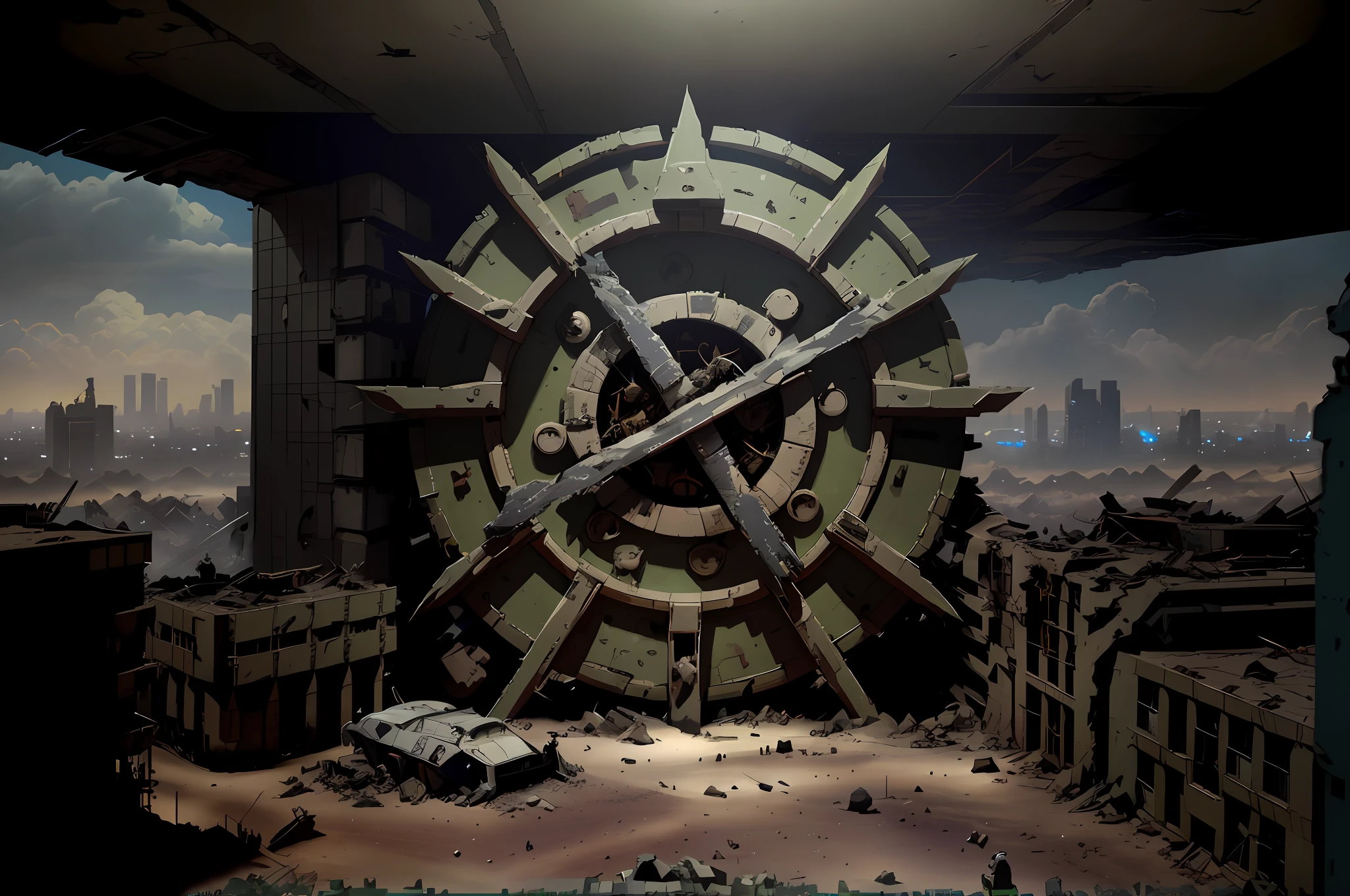((Epic, cinematic)) saviors of humanity engaged in fierce duels against extraterrestrial invaders amidst the wreckage of a post-apocalyptic cityscape, with their weapons unleashing devastating explosive projectiles, dust, and debris ejected in the midst of a chaotic, high-octane battle
