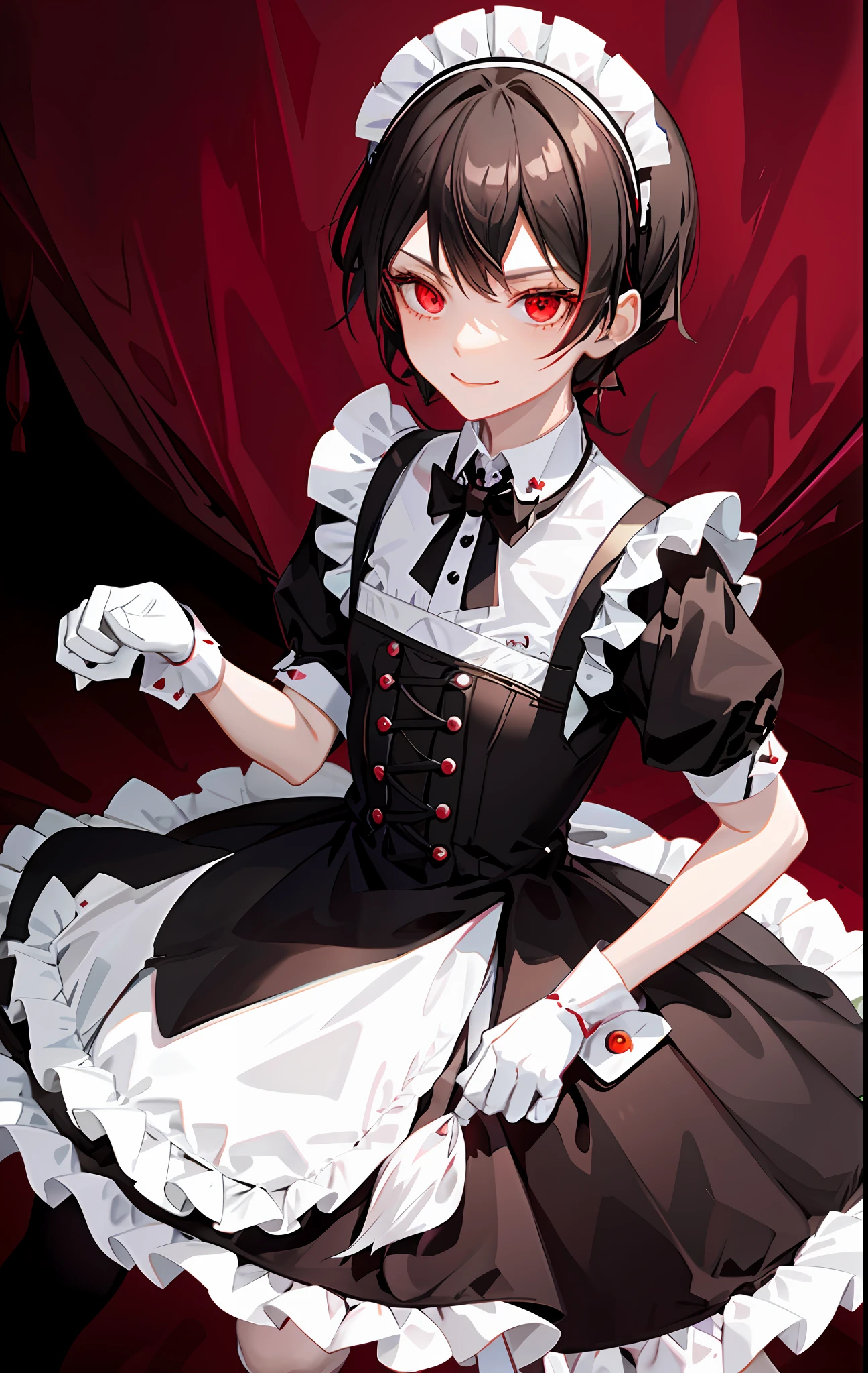 Anime characters dressed in maid outfits with red eyes and black and white dresses, anime girls in maid costumes, cat boy cosplay! Maid! dress, maid clothes, dress loli, maid dress, boy, maid, rin, gothic otome anime girl, yandere, [[[grinning evil]]]