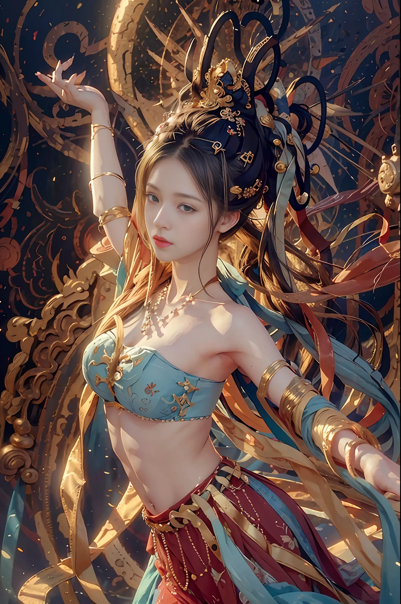 (RAW Photo, Best Quality), (Realistic, Photo Realistic: 1.3), Best Quality, Highly Detailed, Masterpiece, Hyper Detail, Illustration, 1 Girl, upper_body, Dynamic Angle, World Masterpiece Theater, messy_long_hair, Best Quality, Extremely Detailed CG Unified 8k Wallpaper, Ink, Amazing, Cinematic Lighting, lens_flare,, dunhuang_style, Flying Beauty, Flying Pose