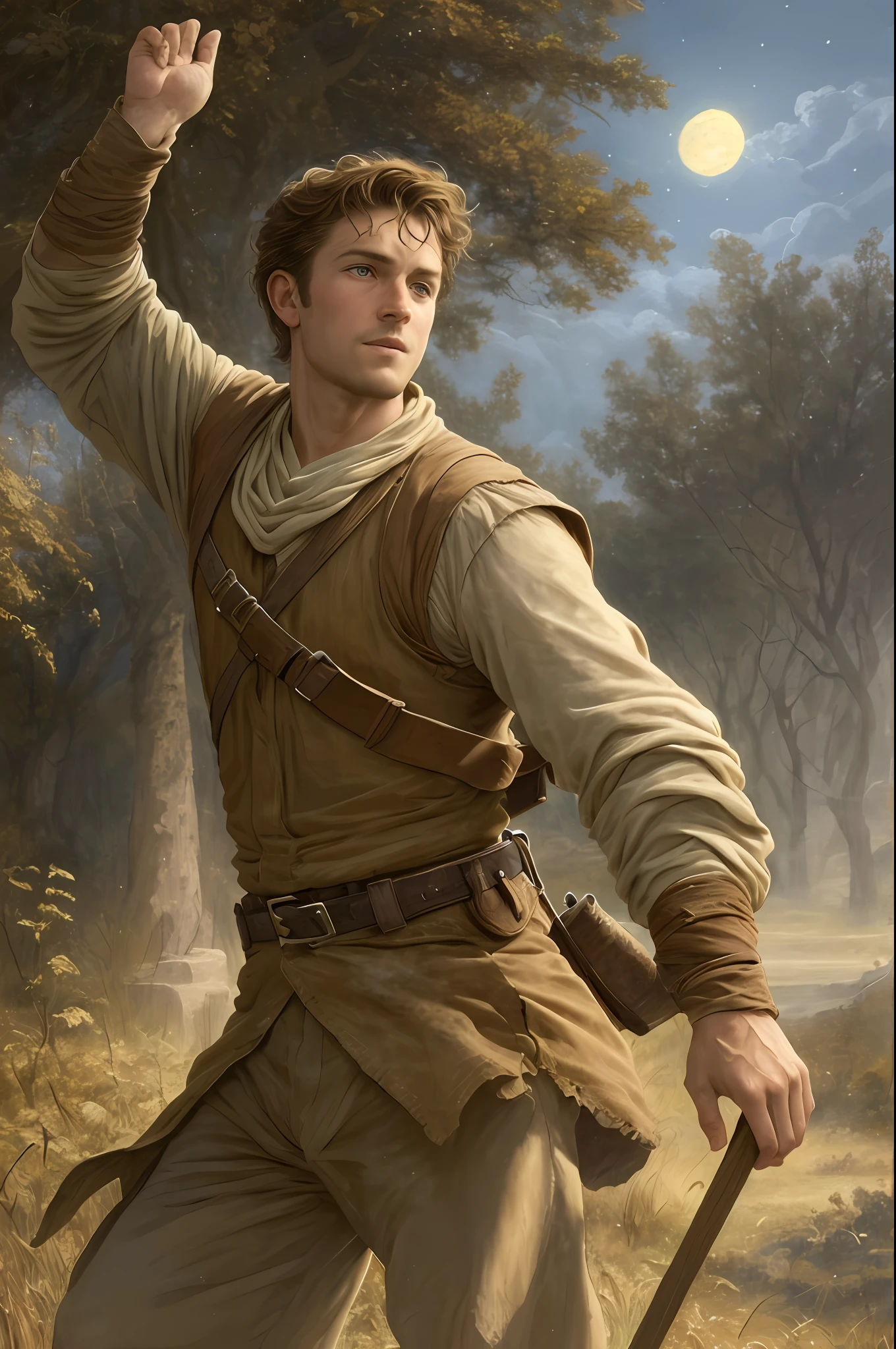 close up of 1 man, young, of irish descent, ranger walking through a fantasy village, a moonlit night, beautiful face, beautiful sky, (oil painting), classical art:0.4, detailed, intricate, (fantasy art), muted color:0.25, best quality, good anatomy, good composition, good proportions, good design, dynamic pose, good pose, realistic sky, realistic backgrounds, (cinematic), (highest quality, award winning, masterpiece:1.3), (art by Arthur Rackham:0.5), (((natural colors))), (photorealistic:1.4), ((empty hands, holding nothing)),