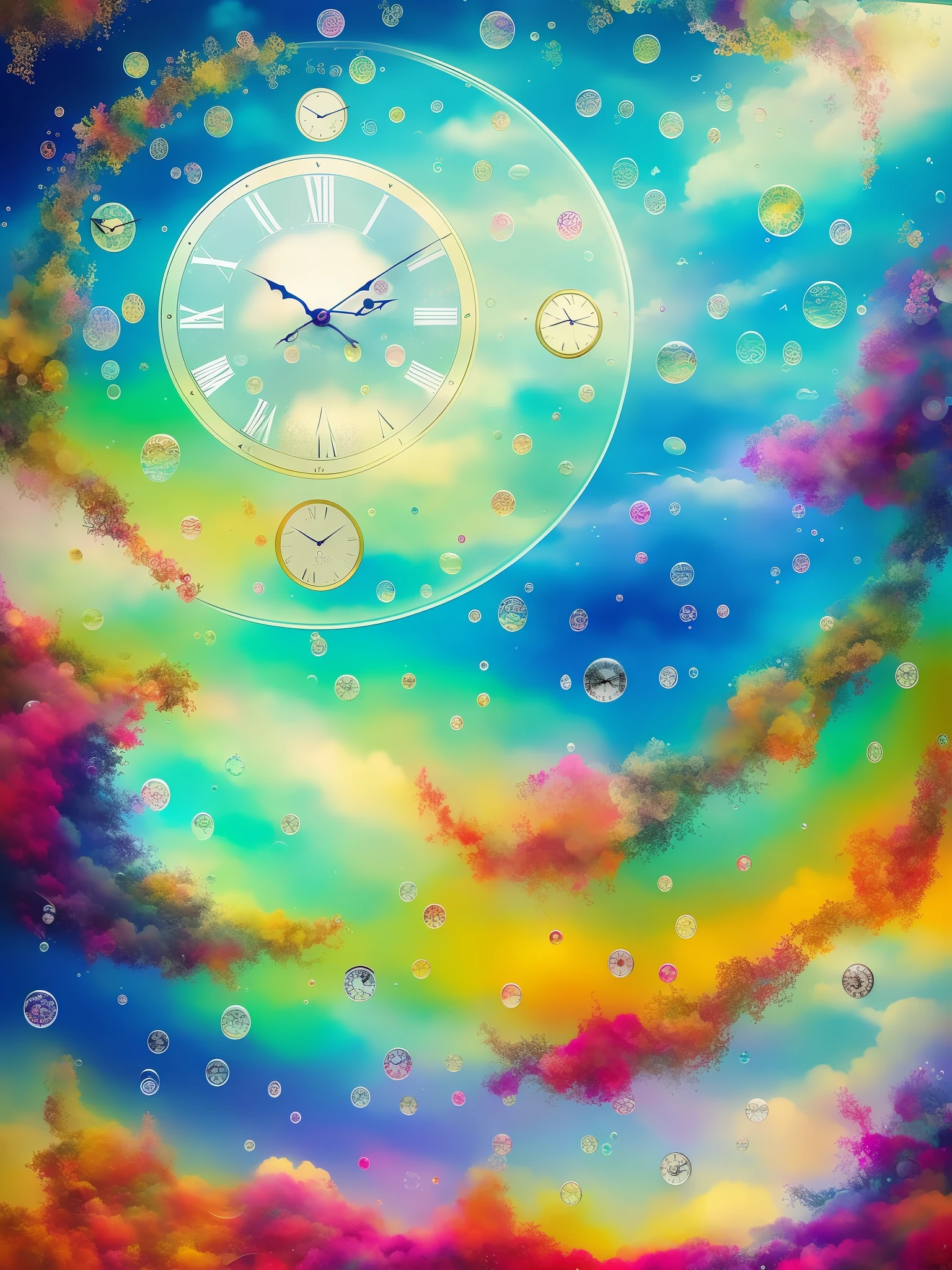 mixed media collage by Hannah Hch, gorgeous woman with long beautiful hair, realistic skin, 3d, ray tracing, hdrp, busy, noisy, loud, intricate, fibonacci, recursion, wet, dripping, droplets, bubble clouds, depth, forced perspective, angles, surrealism, award winning photograph, 90mm, ((deep sky)), nebula, beautiful, deep texture, ornate, ((clocks)), tumbleweeds, glitch, ((sheets of paper)), love, romance,
