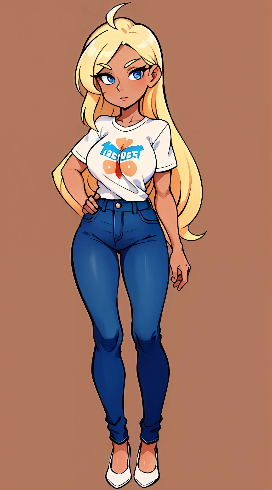 ((masterpiece, best quality)), perfect face, perfect light, (long stright hair), (neatly styled hair), blond hair, blue eyes, (tan skin:1.1), jeans, revealing t-shirt, (milf), full body, looking at the viewer,