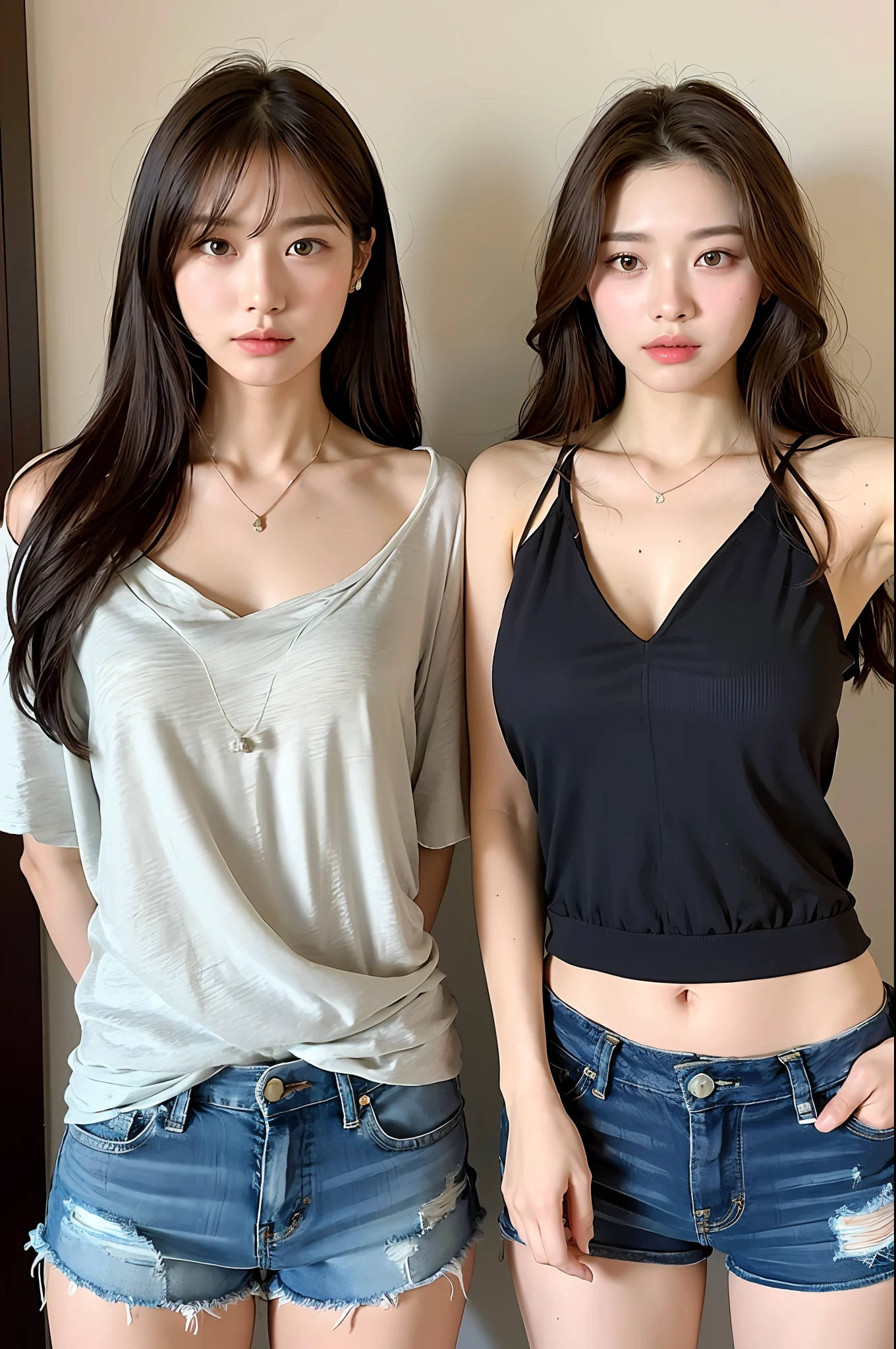 (top quality, 8k, masterpiece: 1.3), pretty woman with perfect figure: 1.4, dark brown hair, big, wearing pendant, torn shorts, in bedroom, very detailed face and skin, detailed eyes, double eyelids, duo