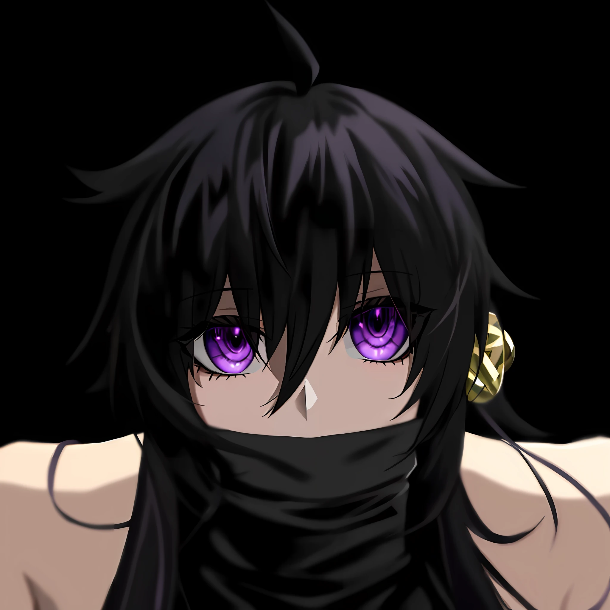 black hair, ahoge, purple eyes, femboy, expressionless, shoulders, black turtleneck, hd, highres