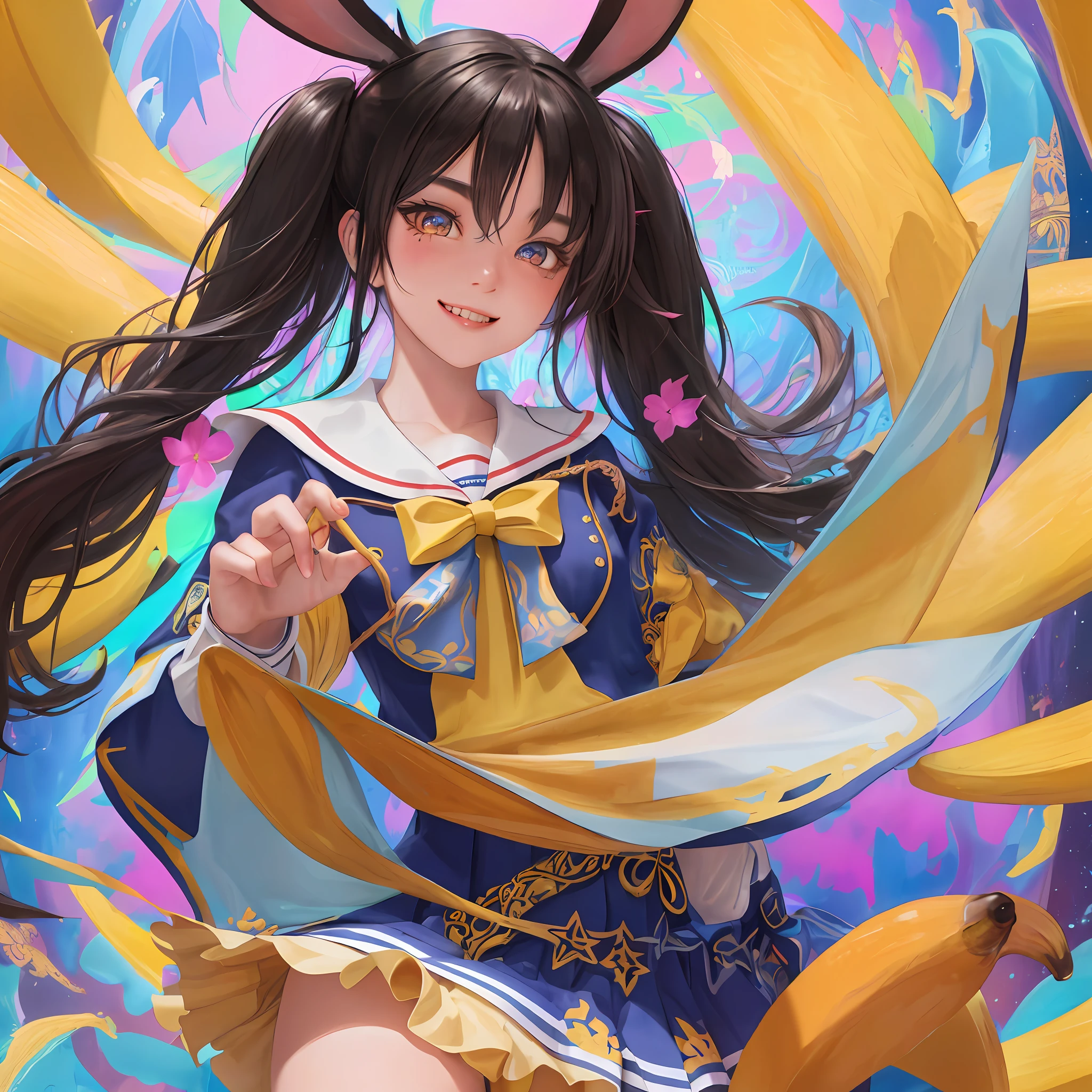 Intricate Fractal background, vivid backgrounds, Color schemes using multiple colors, thick eyebrows, beautiful eyes, rabbit ears, Intricate Fractal sailor uniform, sailor uniform fused with banana, evil smile, ((masterpiece)), ((best quality)), (ultra-detailed), a cute girl, 1girl, solo, ((beautiful eyes)), intricate background, anime girl, happy, cute face, full body beautiful anime style girl, beautiful detailed eyes, clean detailed faces, five fingers, textile shading, perfect anatomy,