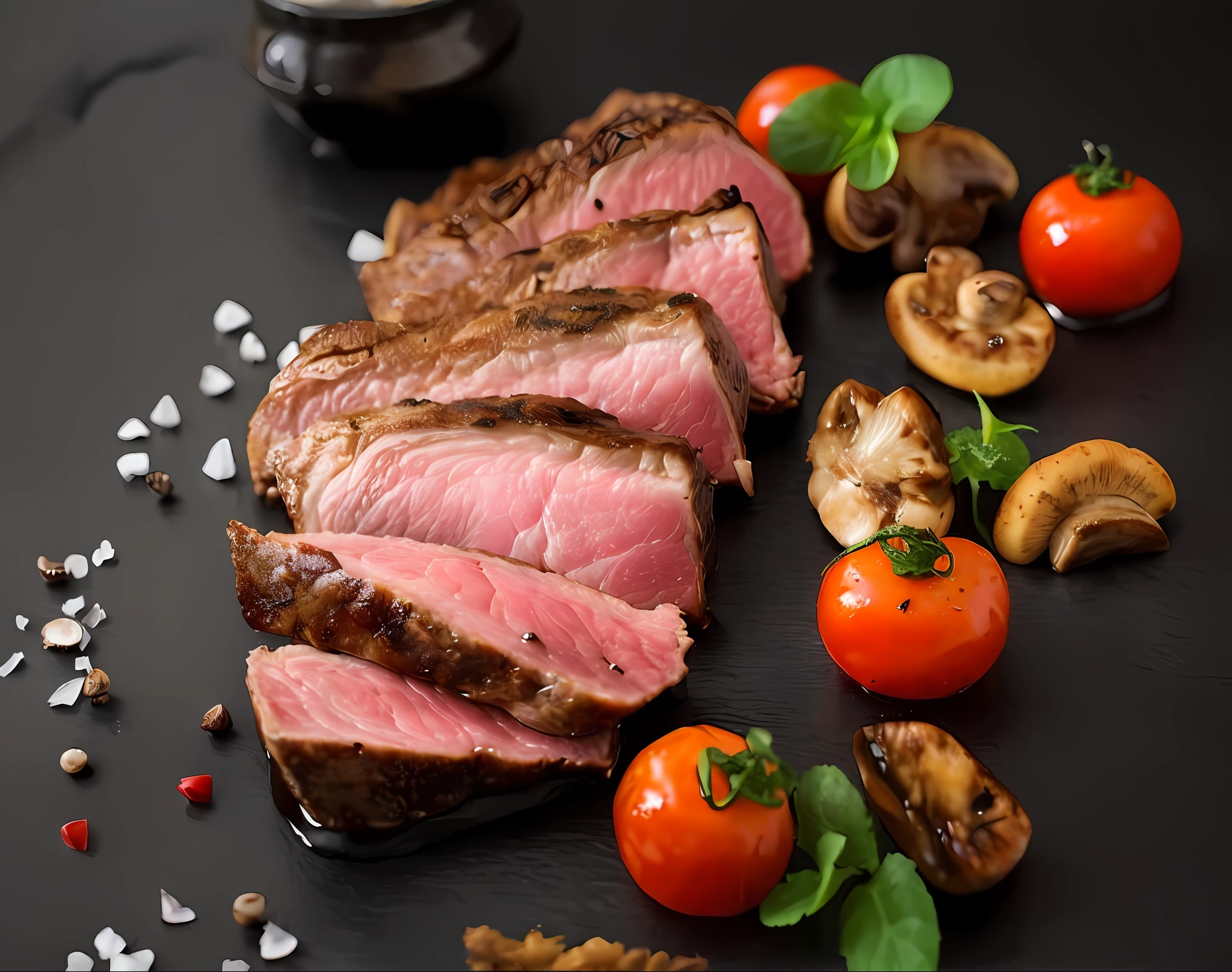 arafed steak with mushrooms, tomatoes, and mushrooms on a black plate, ground red meat, eating meat, beef, juicy meat, professional food photography, meat and lichens, high quality photos, meat, meat with veins, by Micha Klein, by Jakob Gauermann, by Joe Bowler, high quality food photography, by Karl Völker