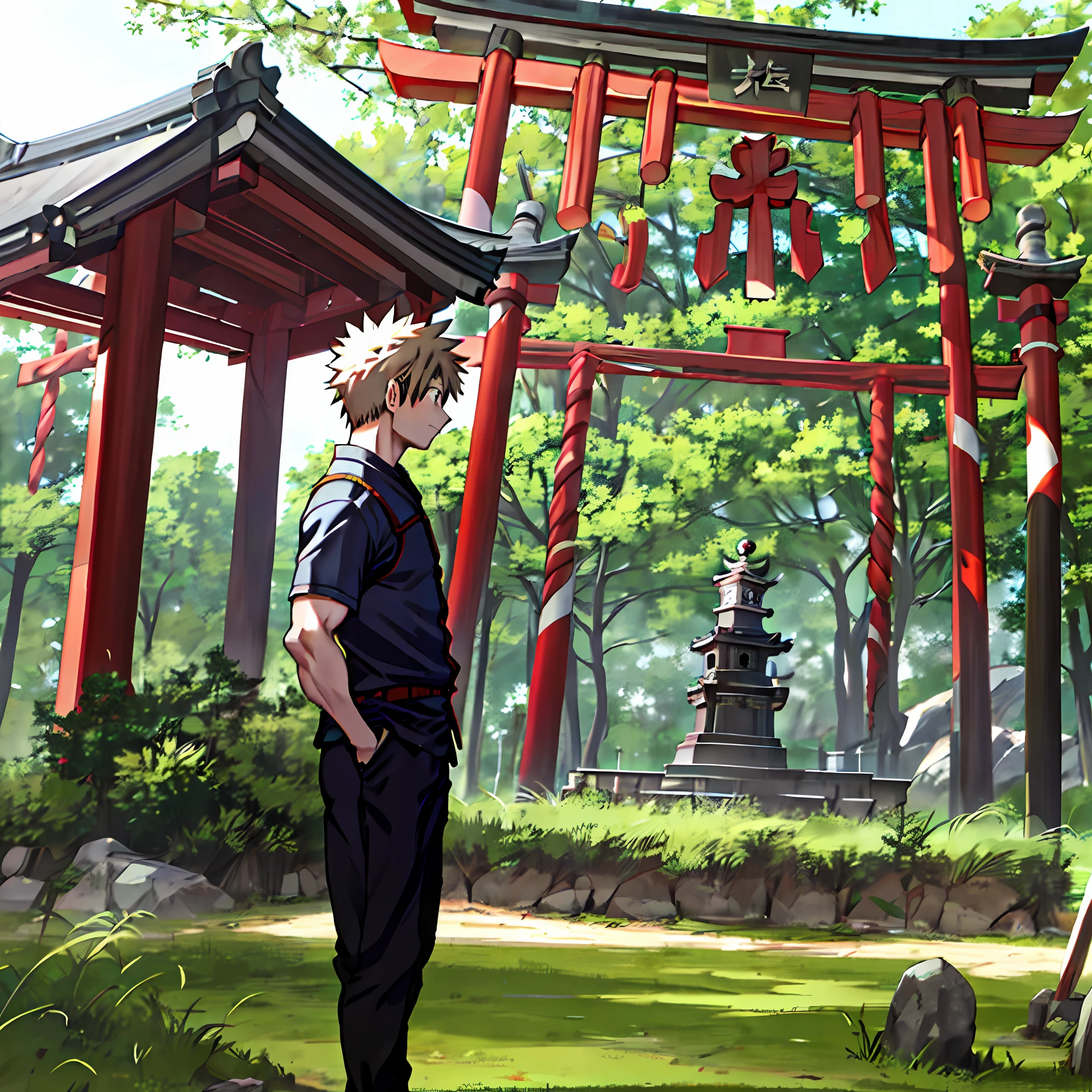 katsuki bakugou, (upper body, head turned to the side), Japan forest with shrine in the background, daytime, standing