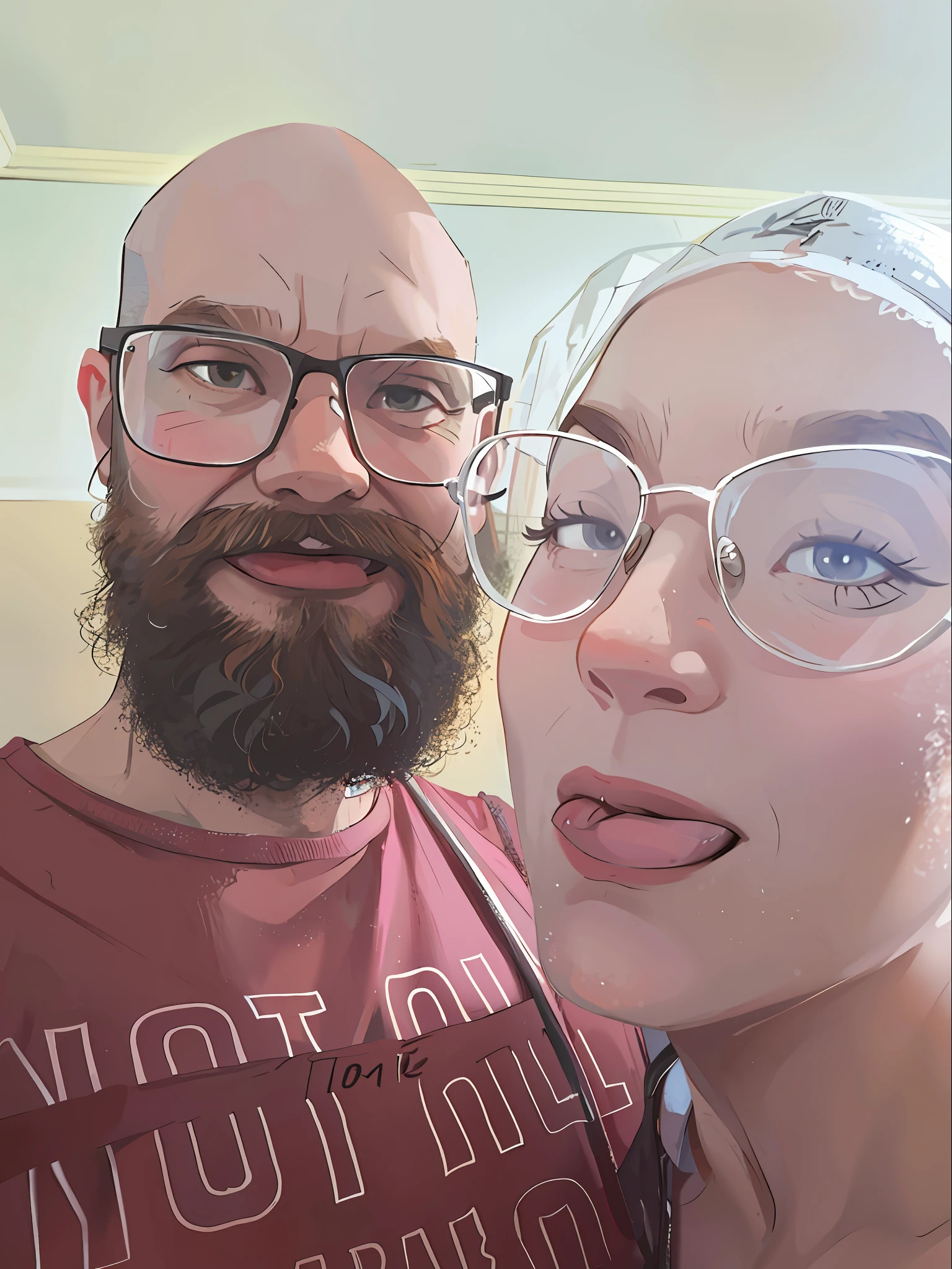 There's a bald man with a beard and glasses and a woman in a shower cap and glasses and showing off her tongue they're posing for a picture, with nerd! glasses! 8k selfie photography, vacation photo, couples portrait, couple portrait, overalls