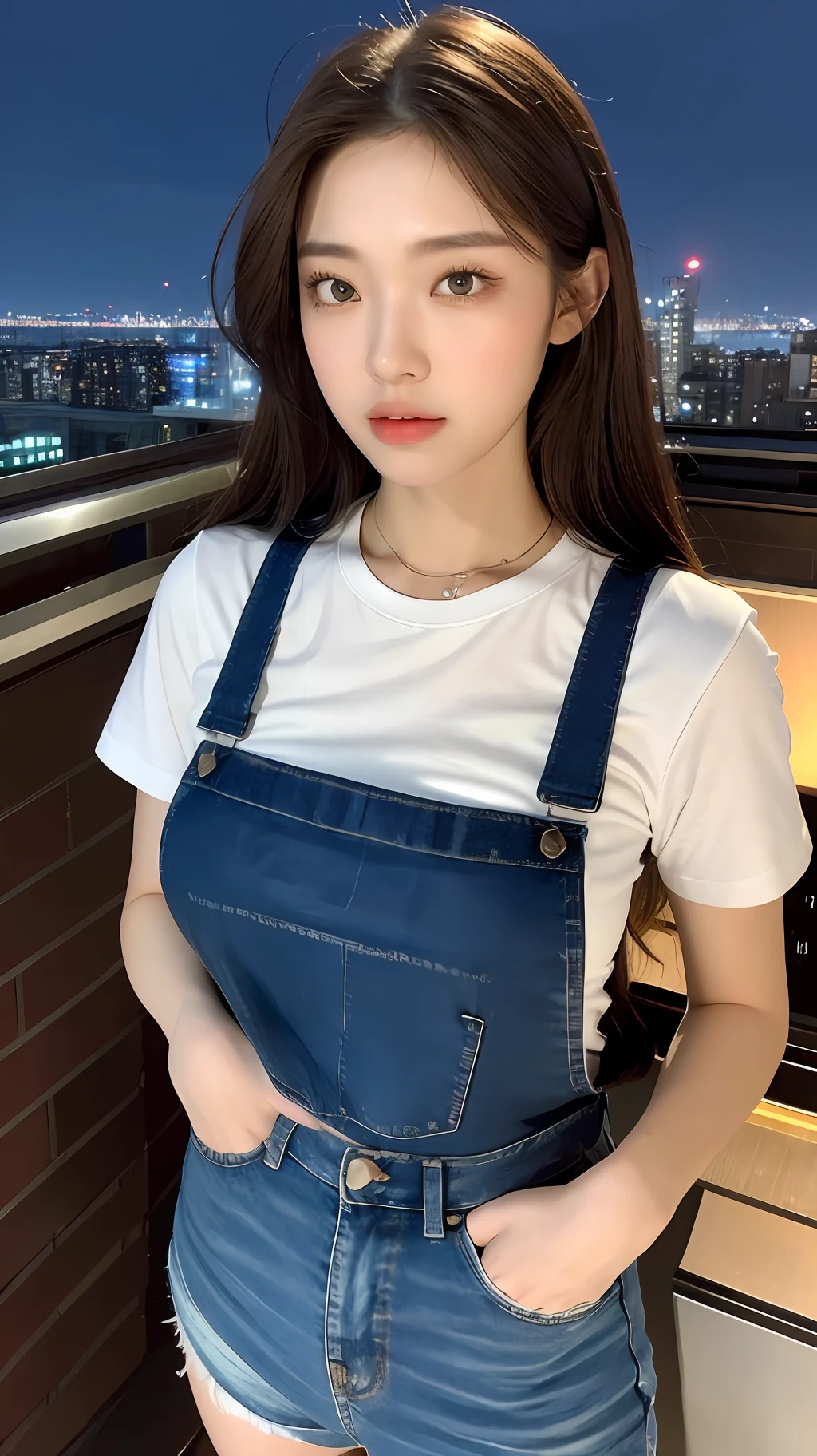 ((Midnight, Best quality, 8k, Masterpiece :1.3)), Whole body, Long legs, Sharp focus :1.2, A pretty woman with perfect figure :1.4, Slender abs :1.1, ((Dark brown hair, Big breasts :1.2)), (White tight tshirt, Jean bib, Standing:1.2), ((Night city view, Rooftop:1.3)), Highly detailed face and skin texture, Detailed eyes, Double eyelid