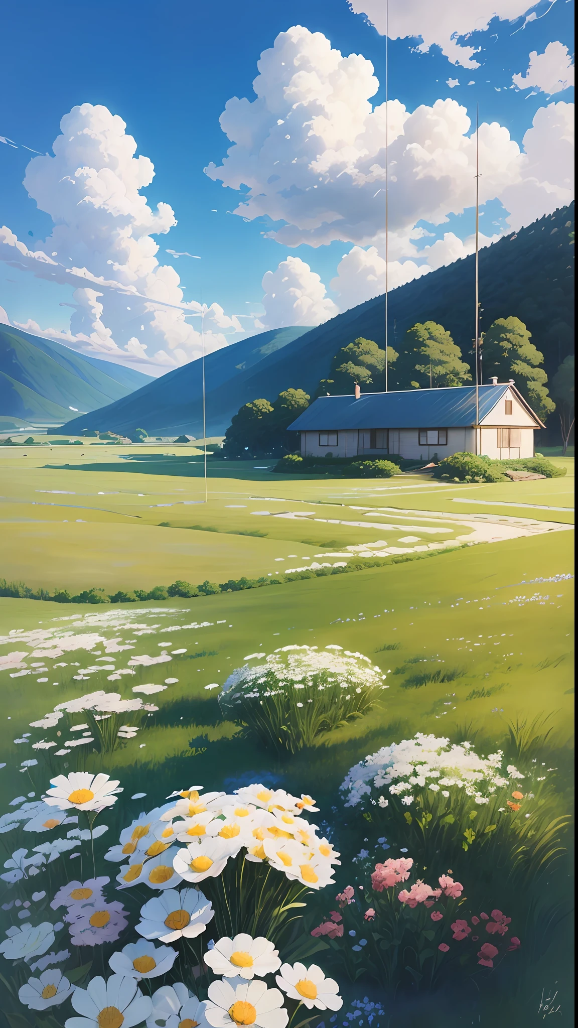 Realistic, authentic, beautiful and amazing landscape oil painting Studio Ghibli Hayao Miyazaki&#39;s petal grassland with blue sky and white clouds --v6