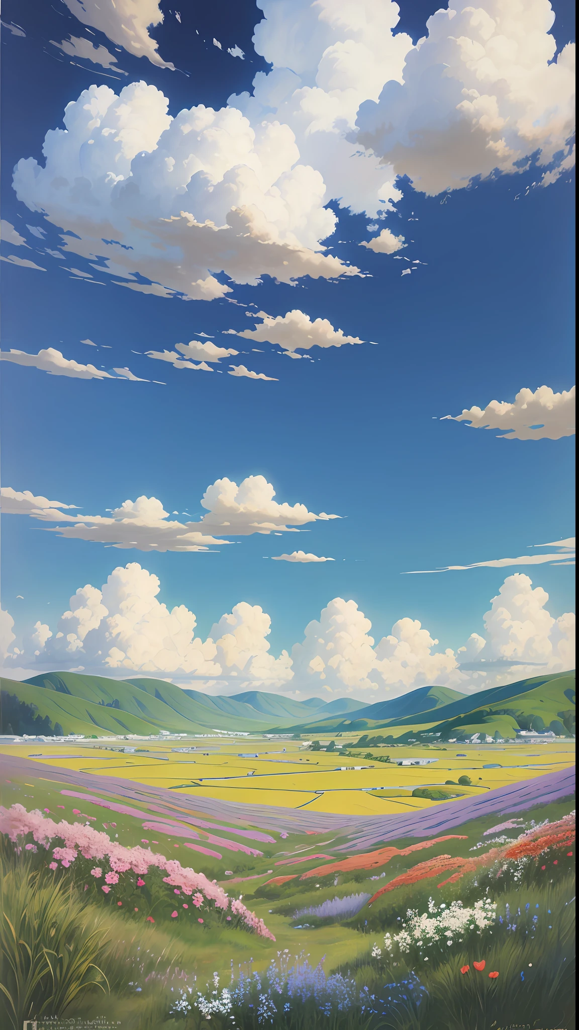 Realistic, authentic, beautiful and amazing landscape oil painting Studio Ghibli Hayao Miyazaki's petal grassland with blue sky and white clouds --v6