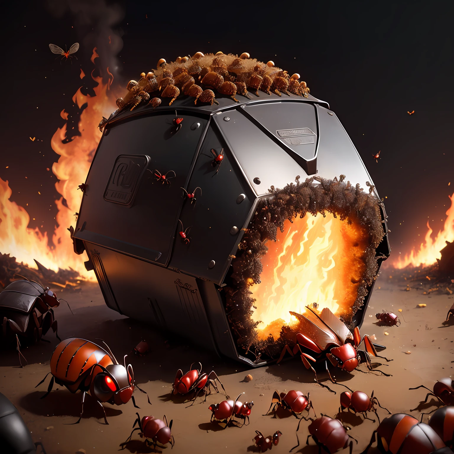 dumpster fire anthill, dark, insects, ants, fantasy